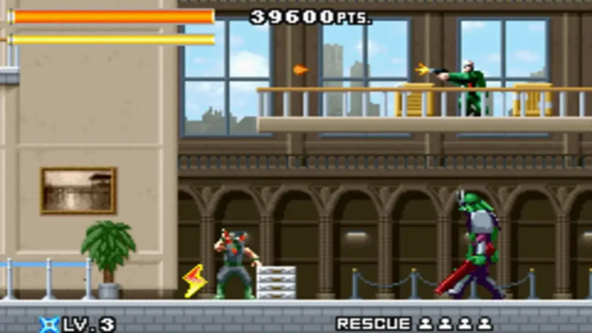 Ảnh chụp màn hình game Ninja Five-O trên GBA, mô tả nhân vật Joe chiến đấu với kẻ thù