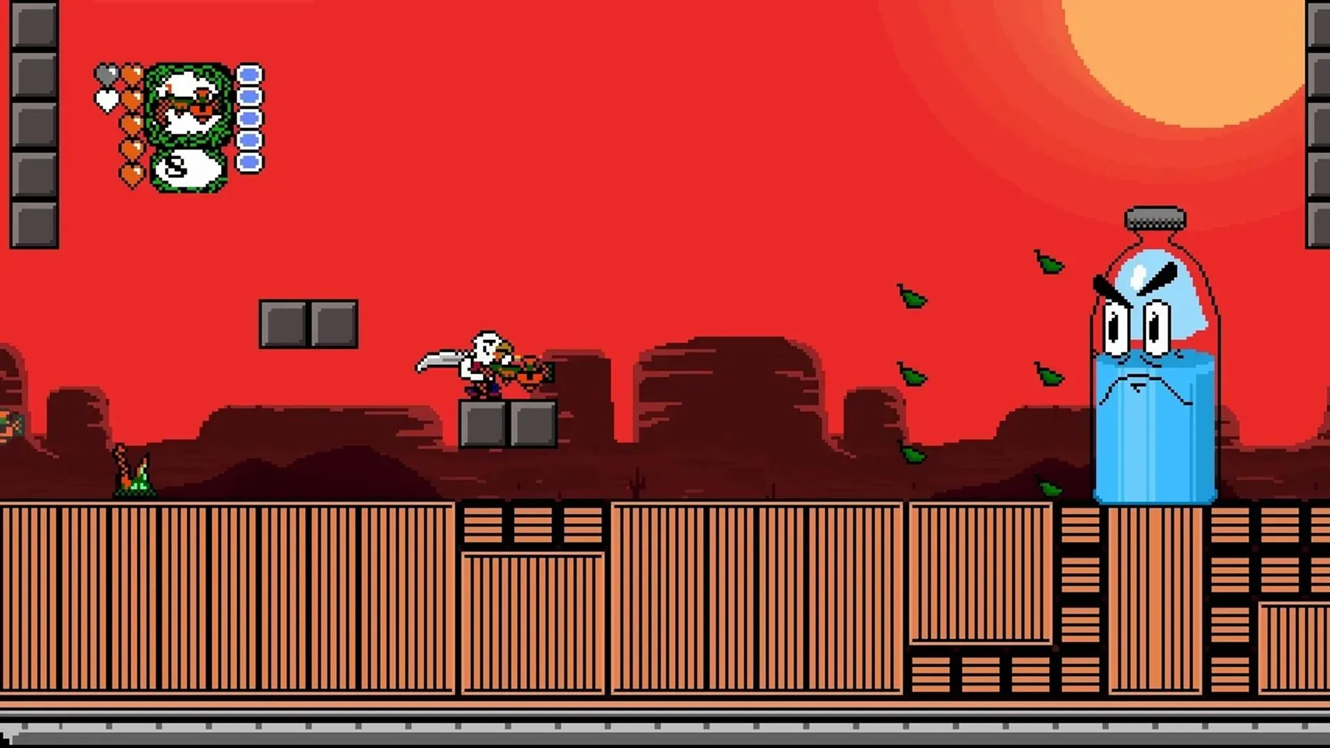 Ảnh chụp màn hình game Revenge of the Bird King trên PlayStation Vita, thể hiện nhân vật Dwayne trong thế giới Gunworld.