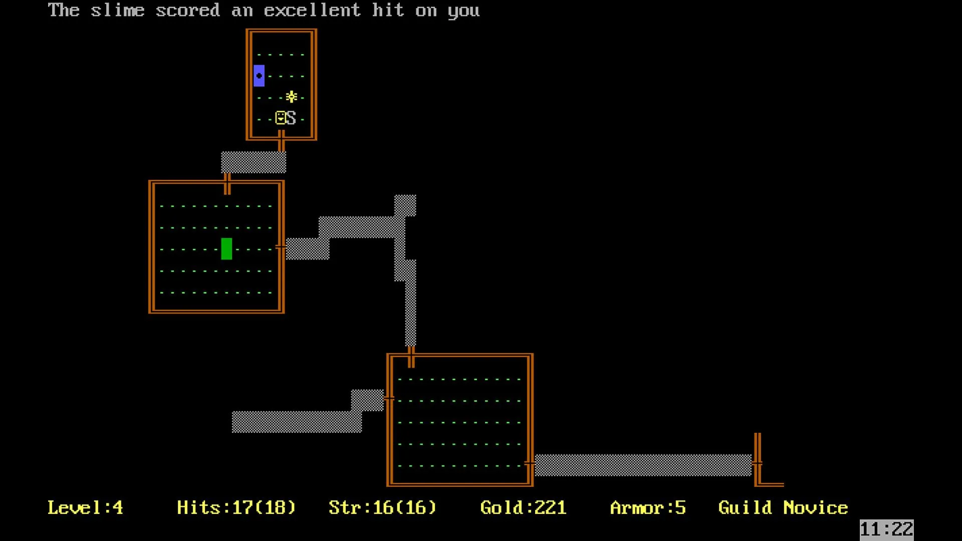 Ảnh chụp màn hình game Rogue, thể hiện dungeon được tạo ngẫu nhiên và combat theo lượt.