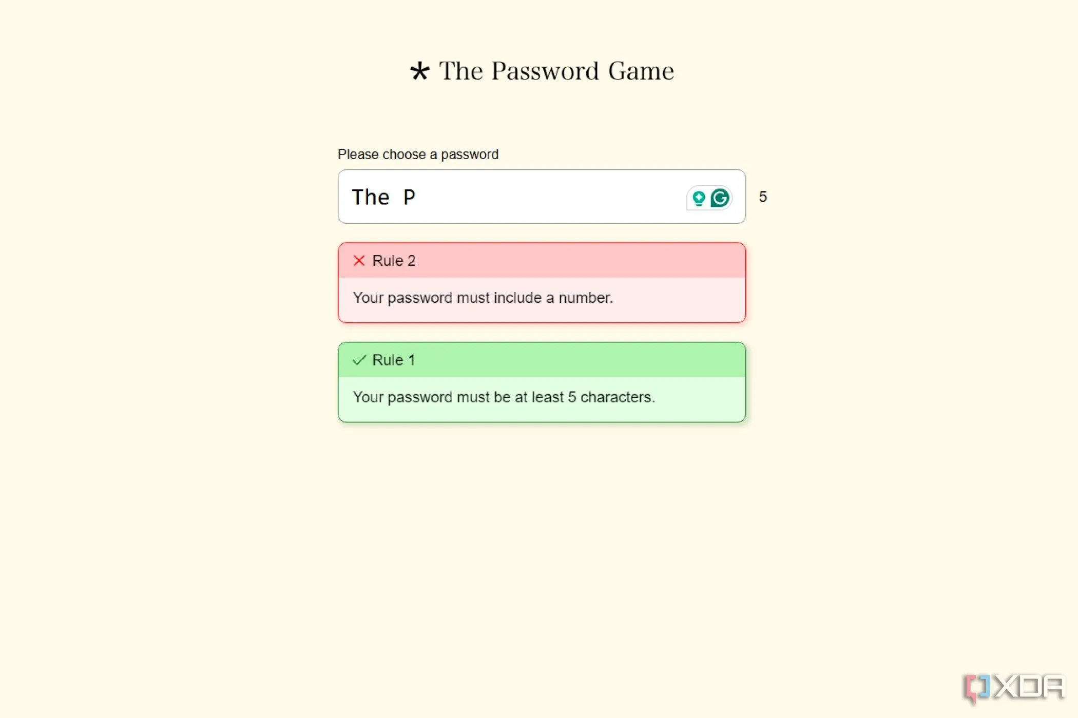 Ảnh chụp màn hình game The Password Game hiển thị một danh sách dài các yêu cầu mật khẩu phức tạp