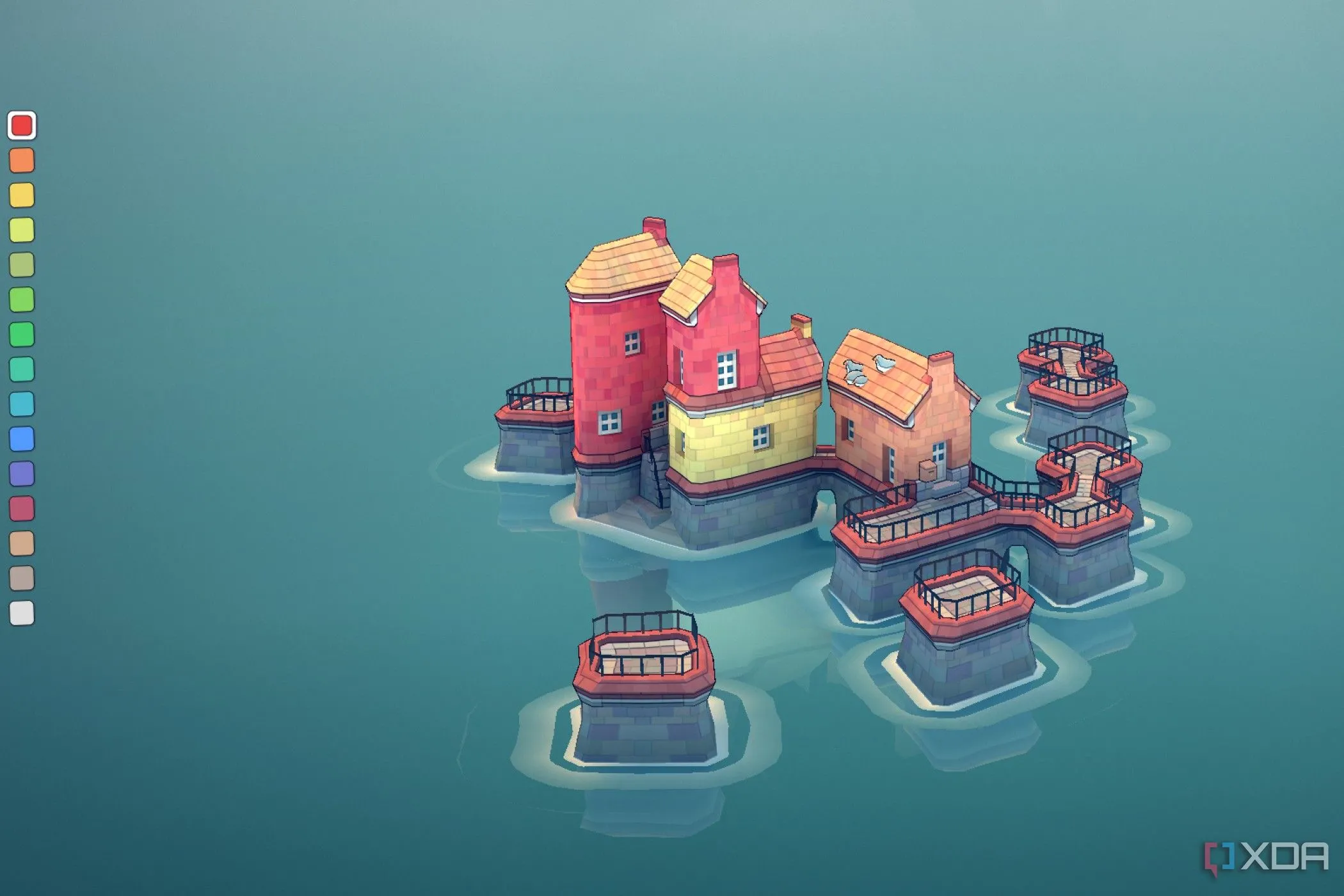 Ảnh chụp màn hình game Townscaper, hiển thị một thị trấn đầy màu sắc được xây dựng trên mặt nước