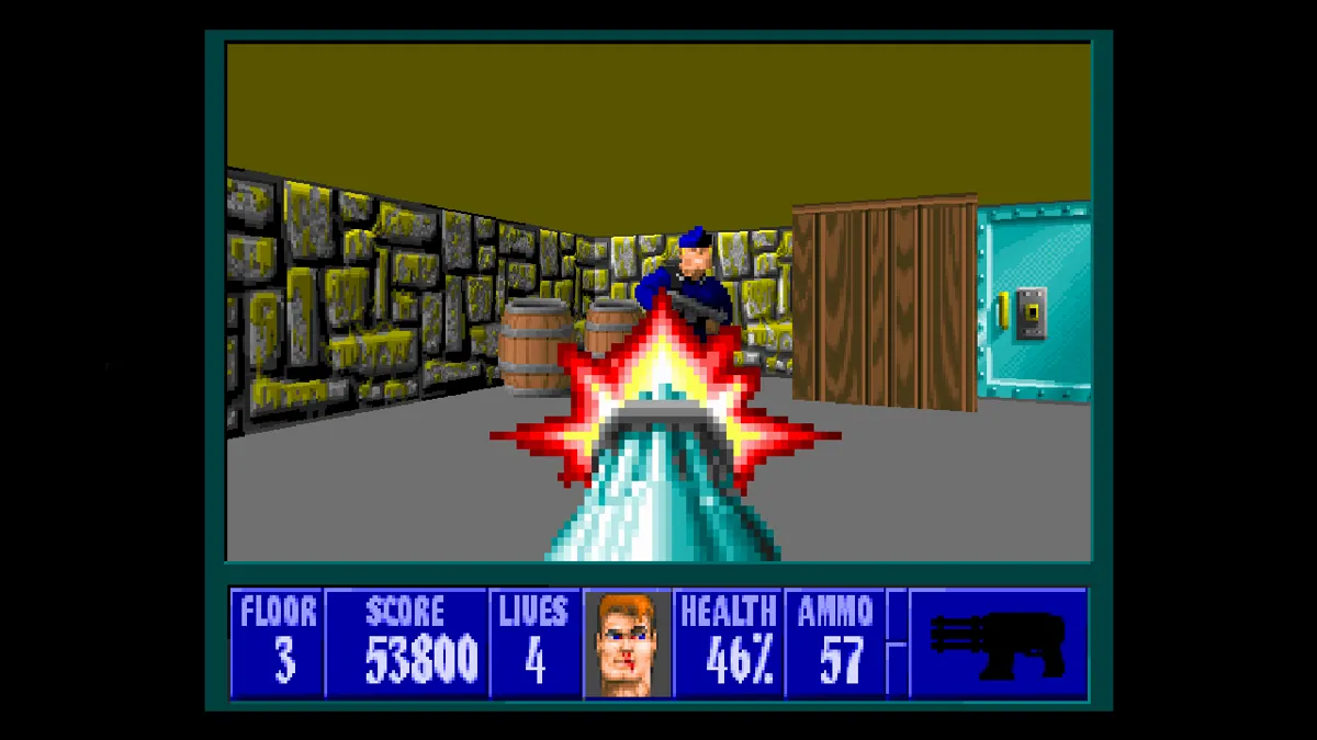 Ảnh chụp màn hình game Wolfenstein 3D với góc nhìn thứ nhất và đồ họa 3D cổ điển.