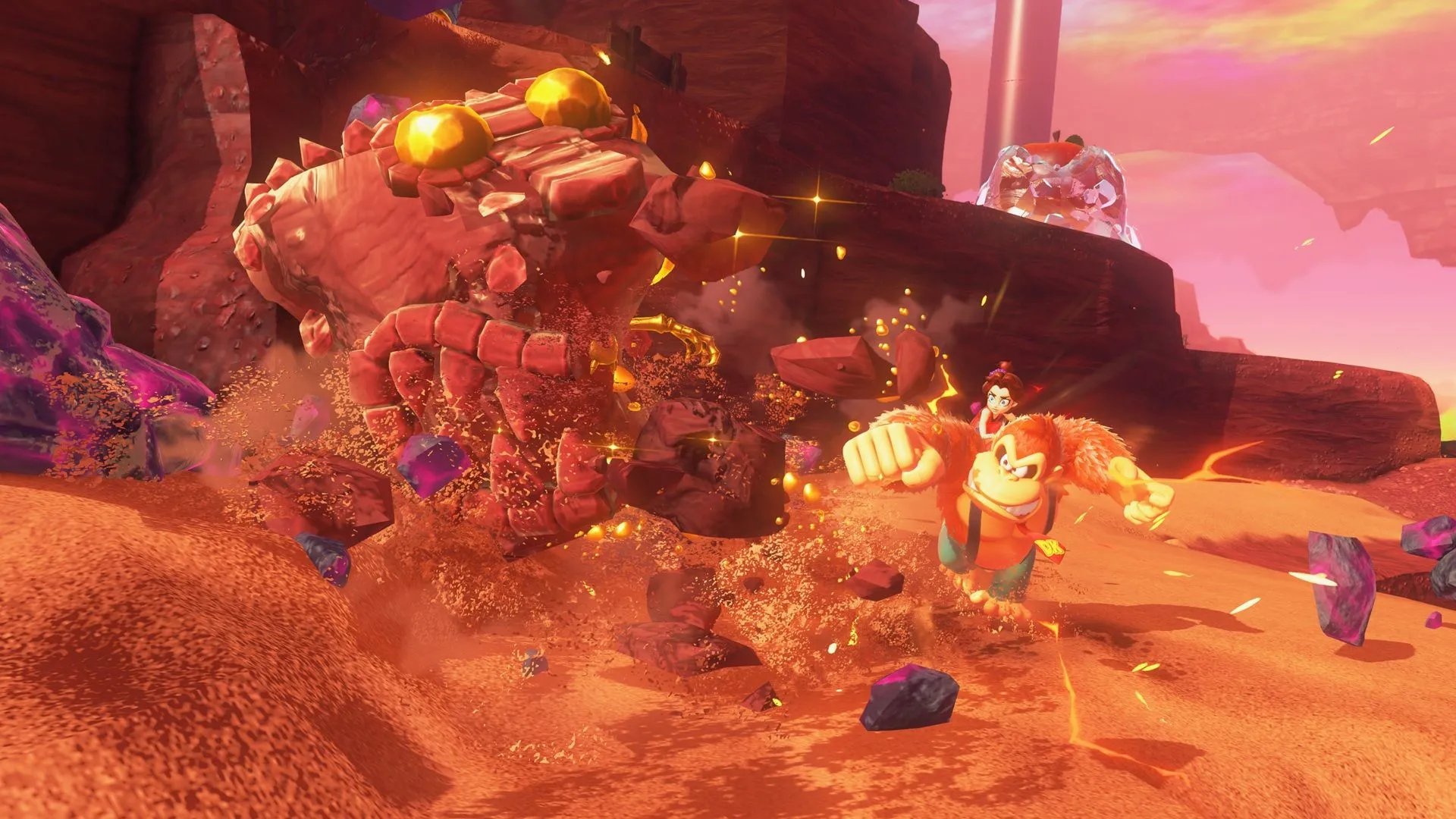 Ảnh chụp màn hình gameplay của Donkey Kong Bananza trên Nintendo Switch 2, minh họa khả năng chia sẻ trải nghiệm co-op thông qua tính năng GameShare, kết nối người chơi Switch đời đầu.