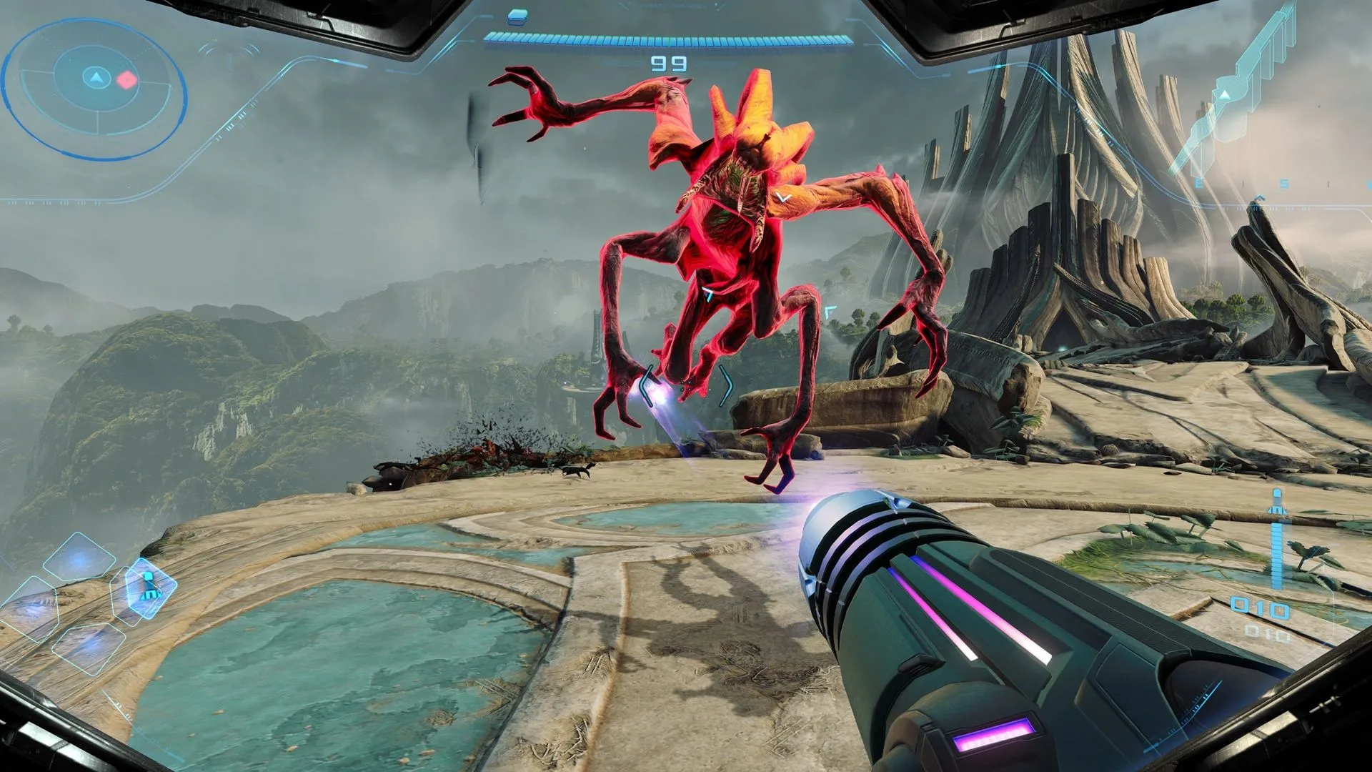 Ảnh chụp màn hình gameplay của Metroid Prime 4 Beyond, cho thấy Samus Aran trong môi trường đồ họa 4K trên Nintendo Switch 2