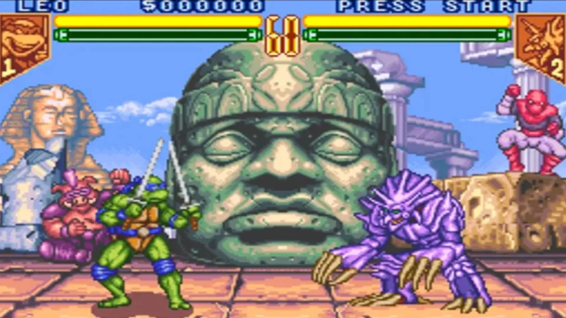 Ảnh chụp màn hình gameplay của TMNT: Tournament Fighters trên SNES, thể hiện sự khác biệt giữa các phiên bản