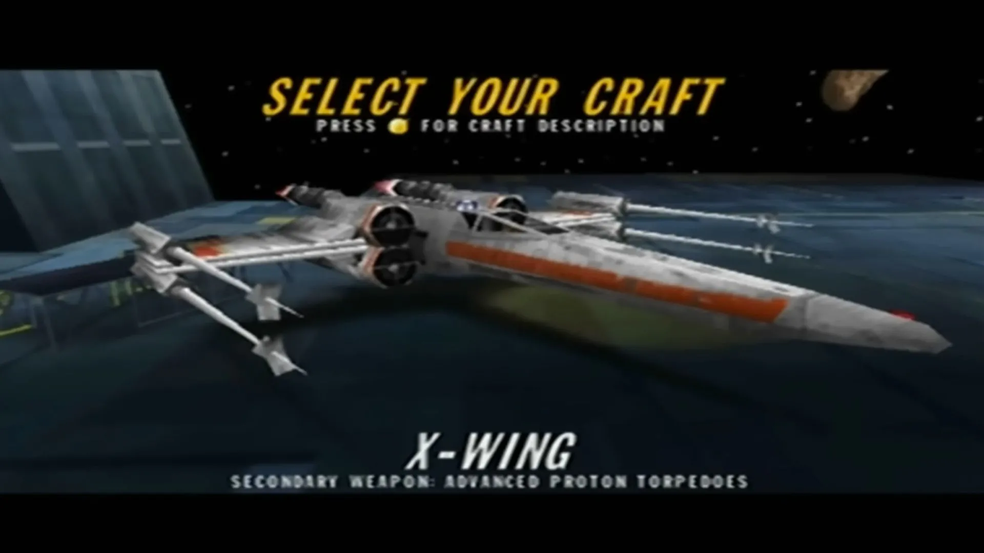 Ảnh chụp màn hình gameplay từ Star Wars Rogue Squadron, hiển thị phi thuyền X-wing đang bay trên một hành tinh.