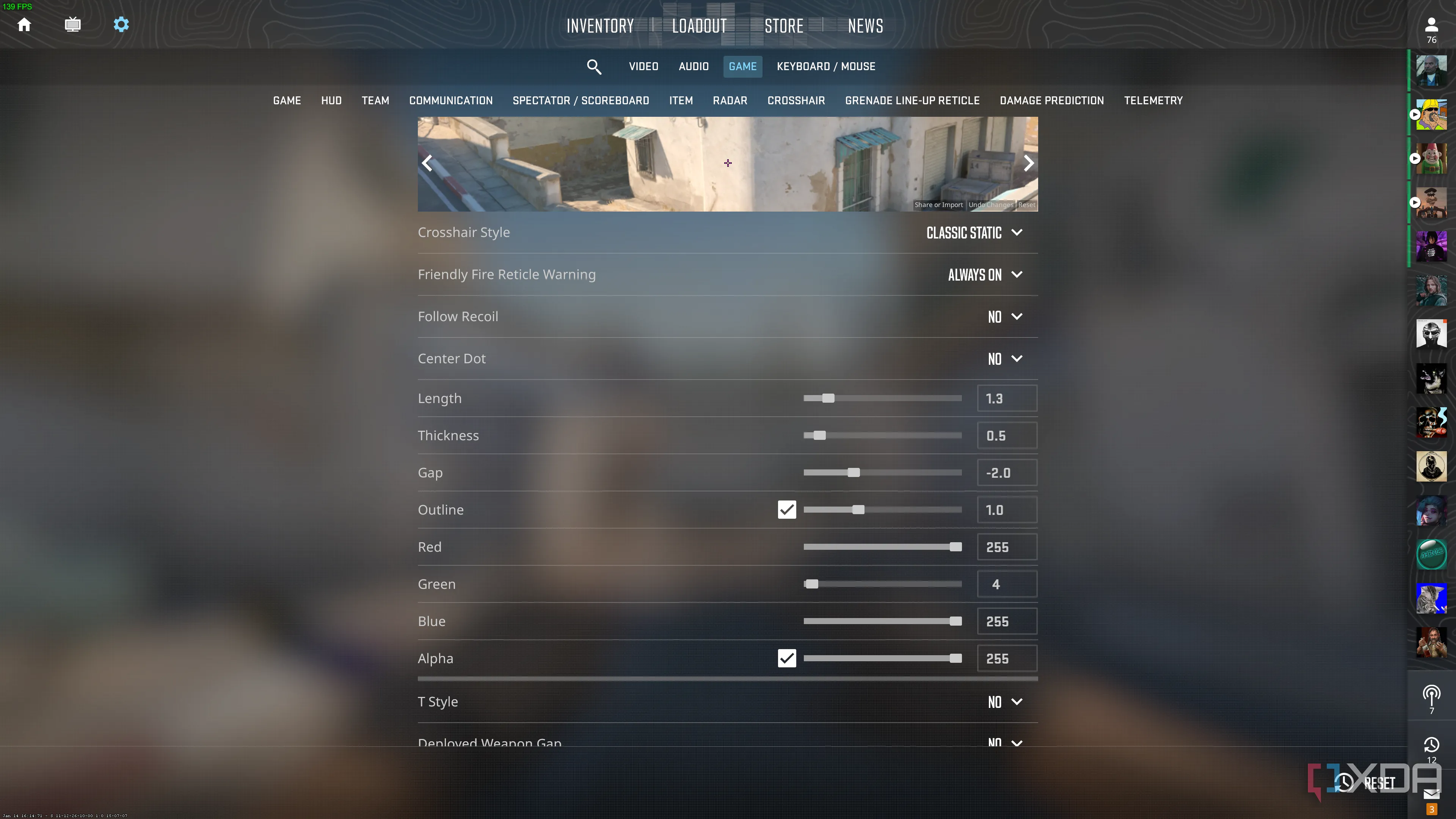 Ảnh chụp màn hình giao diện cài đặt tâm ngắm (crosshair) tùy chỉnh trong game Counter-Strike 2, hiển thị các thông số điều chỉnh màu sắc, độ dày, độ dài tâm, giúp người chơi tạo crosshair cá nhân hóa.