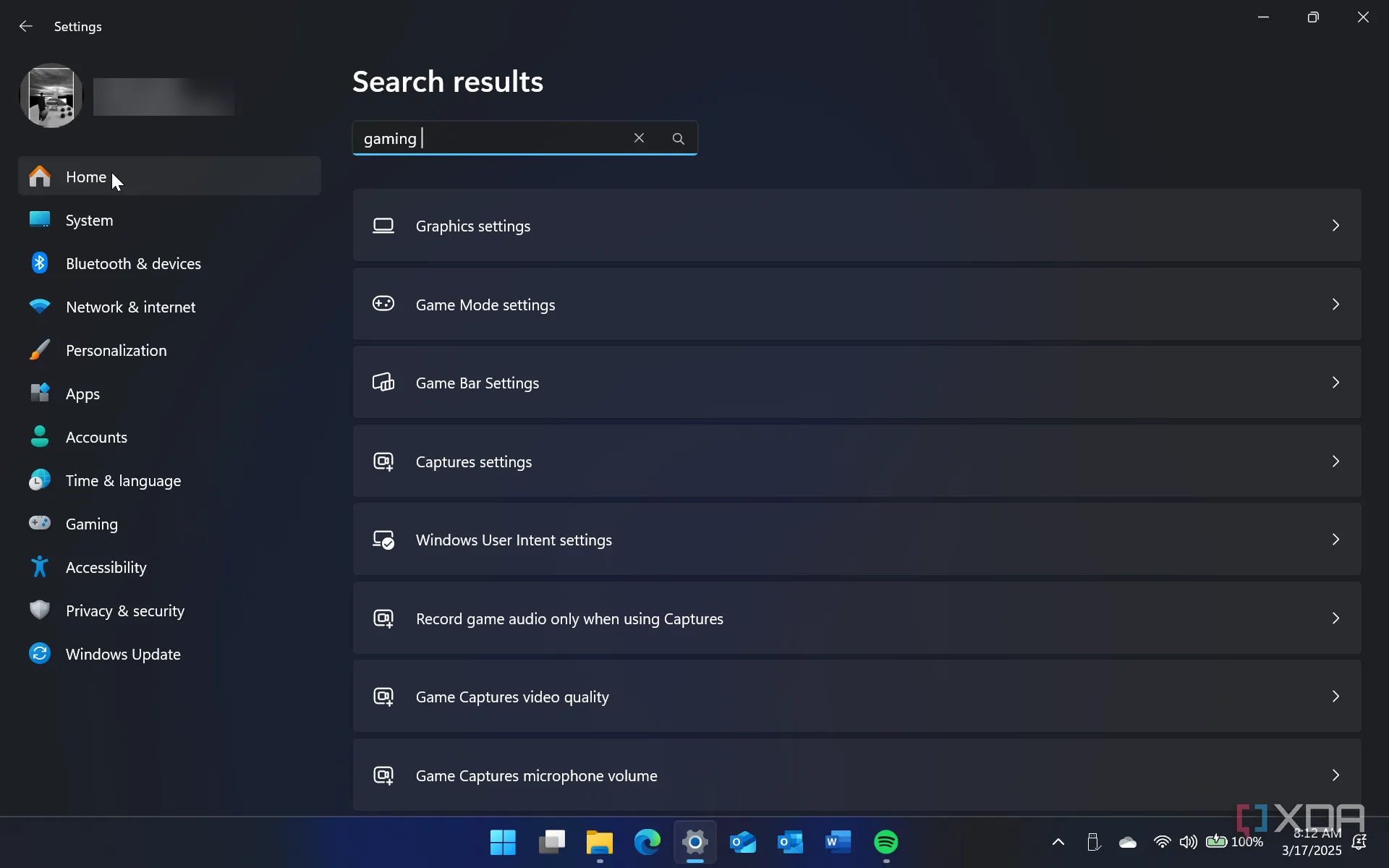 Ảnh chụp màn hình hiển thị cài đặt chụp game trên Windows 11 thông qua tìm kiếm
