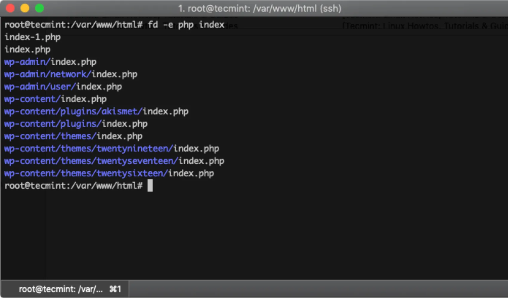 Ảnh chụp màn hình hiển thị lệnh fd tìm chuỗi trong tệp trên terminal Linux