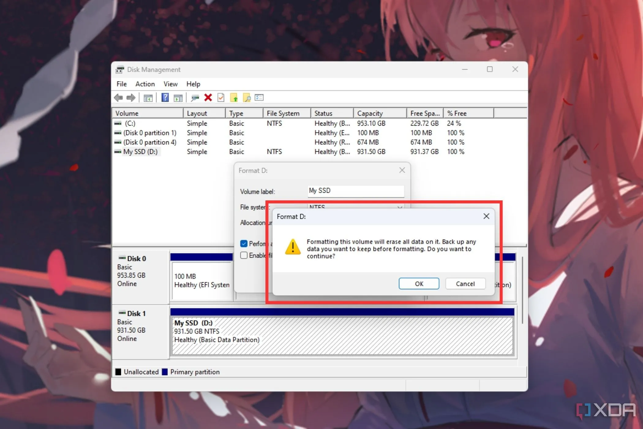 Ảnh chụp màn hình hộp thoại xác nhận định dạng ổ cứng trong Disk Management của Windows.