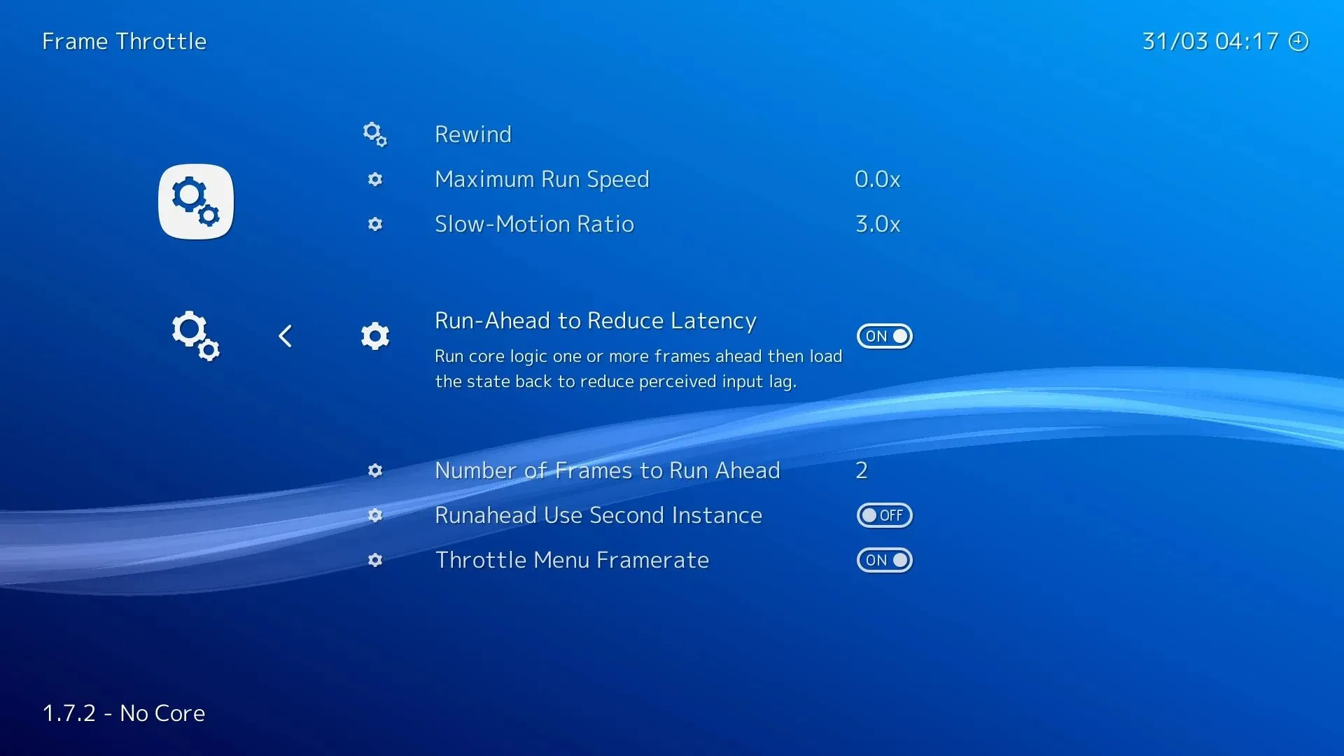 Ảnh chụp màn hình menu cài đặt Run Ahead trong RetroArch, hiển thị tùy chọn điều chỉnh độ trễ khung hình.