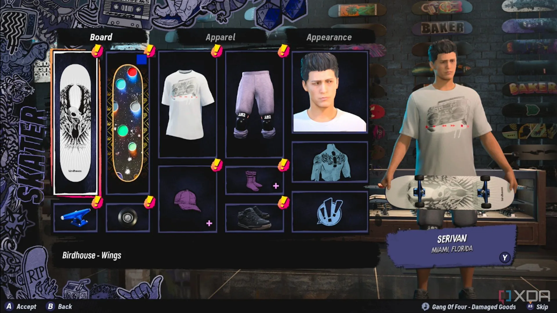 Ảnh chụp màn hình menu tùy chọn tạo nhân vật Create-A-Skater trong Tony Hawk's Pro Skater, hiển thị các lựa chọn khuôn mặt và kiểu tóc.