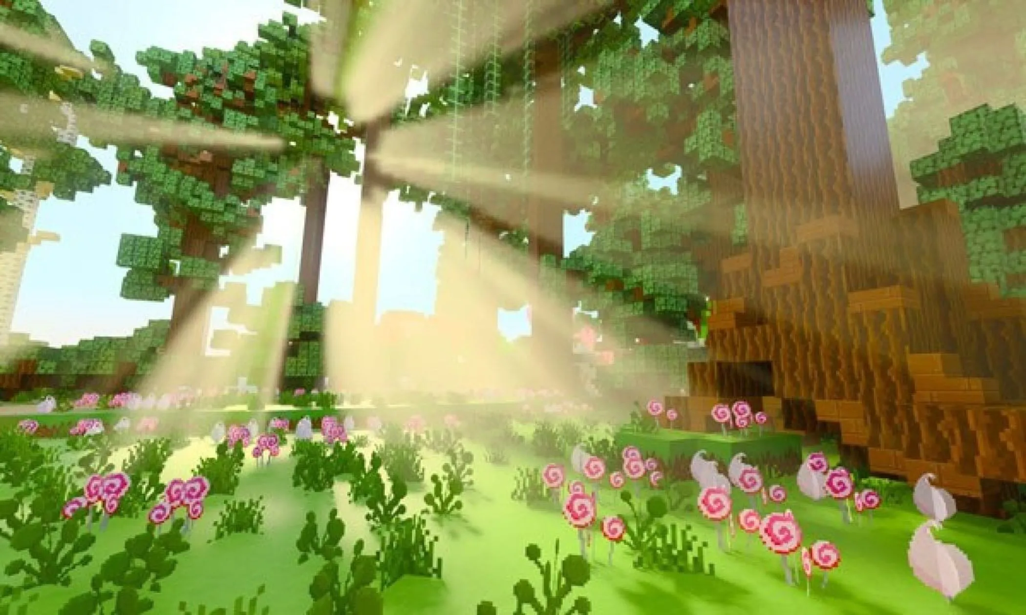 Ảnh chụp màn hình Minecraft RTX thể hiện đồ họa khối lập phương với Ray Tracing
