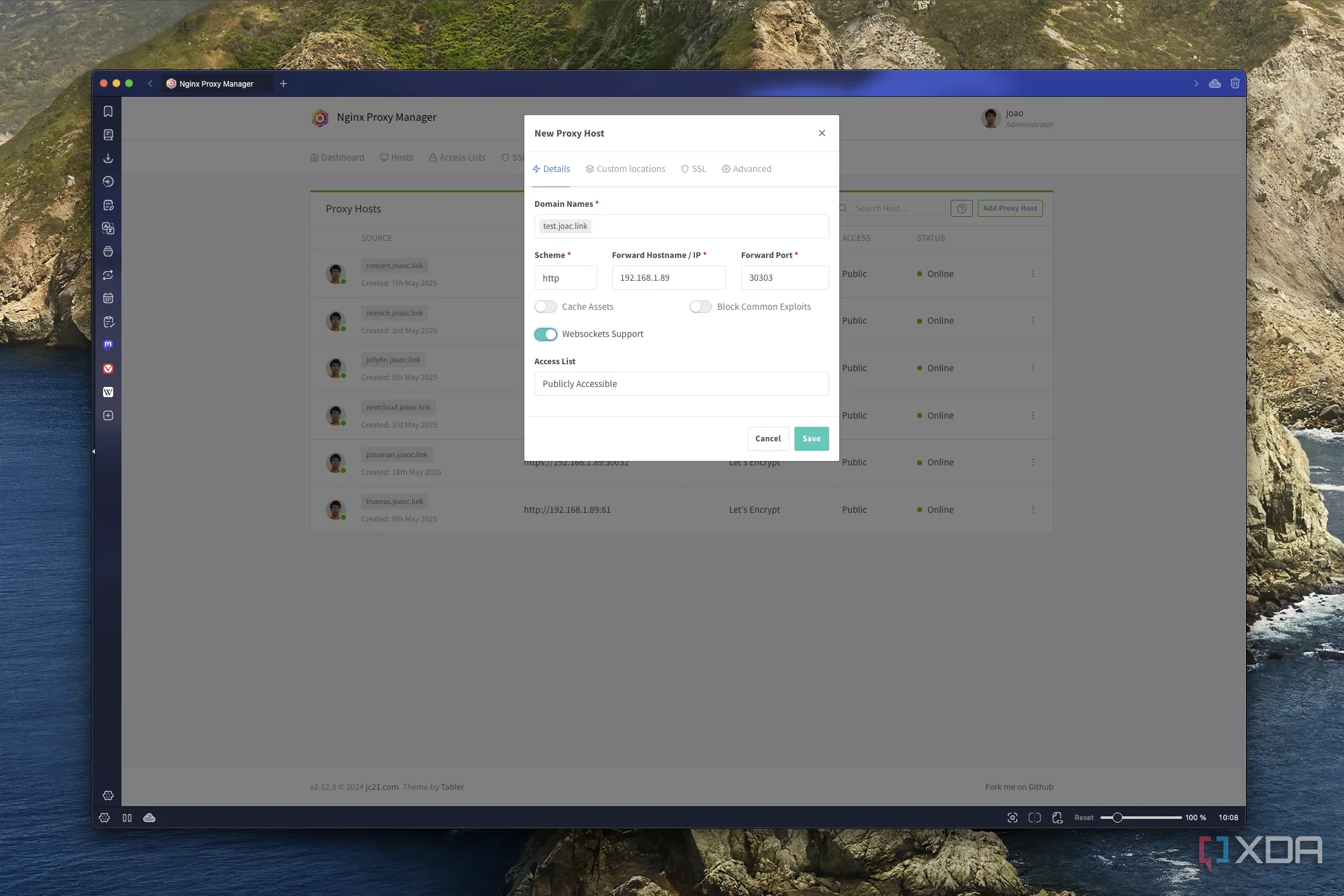 Ảnh chụp màn hình Nginx Proxy Manager khi tạo một host proxy mới, thiết lập định tuyến cho tên miền riêng