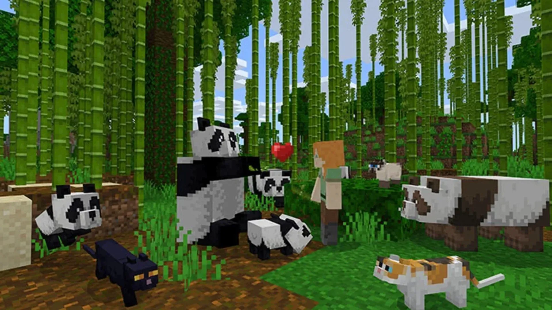Ảnh chụp màn hình những chú gấu trúc và một người đang chơi Minecraft