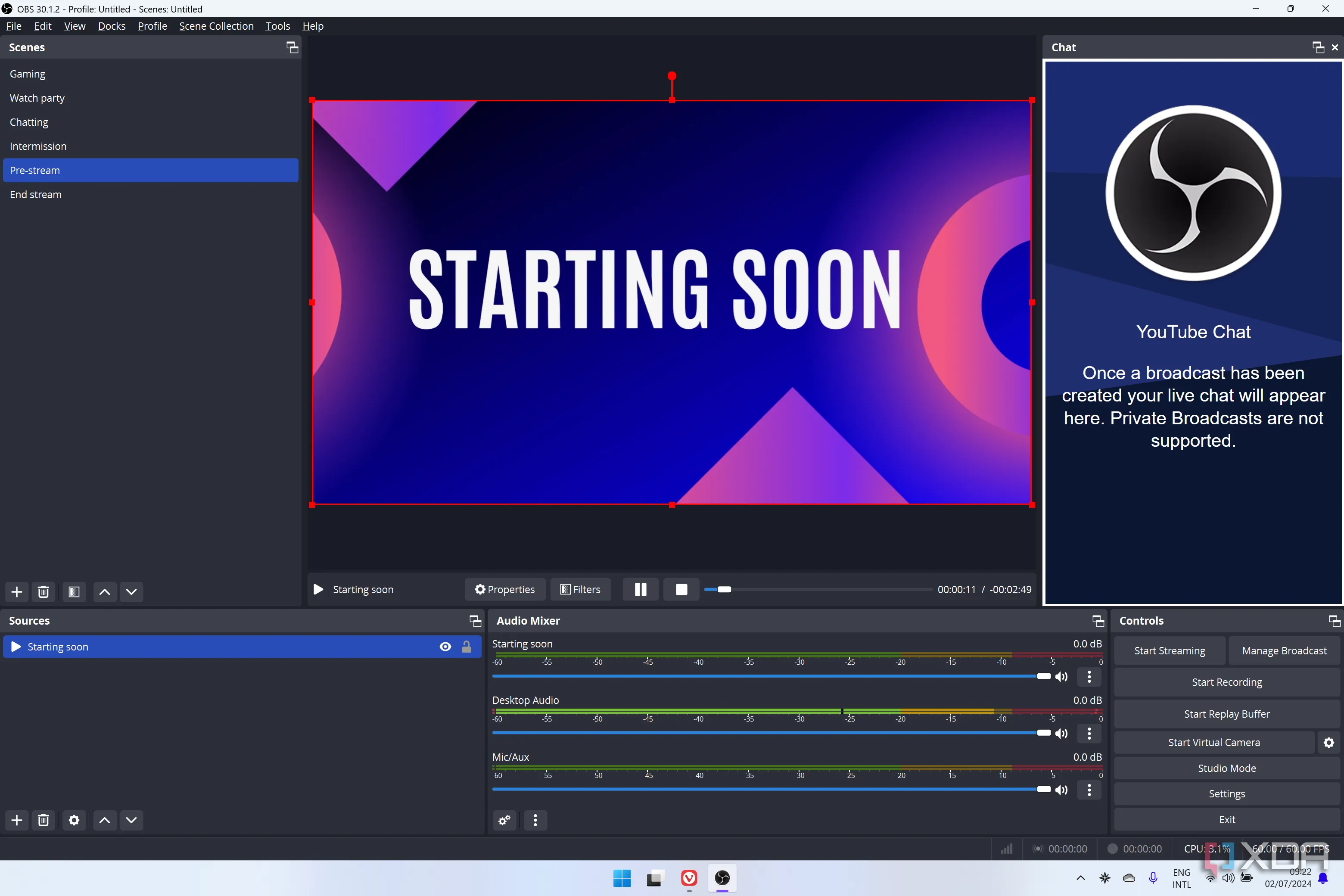 Ảnh chụp màn hình OBS Studio đang hiển thị một cảnh quay với nguồn video, thể hiện hệ thống cảnh quay linh hoạt