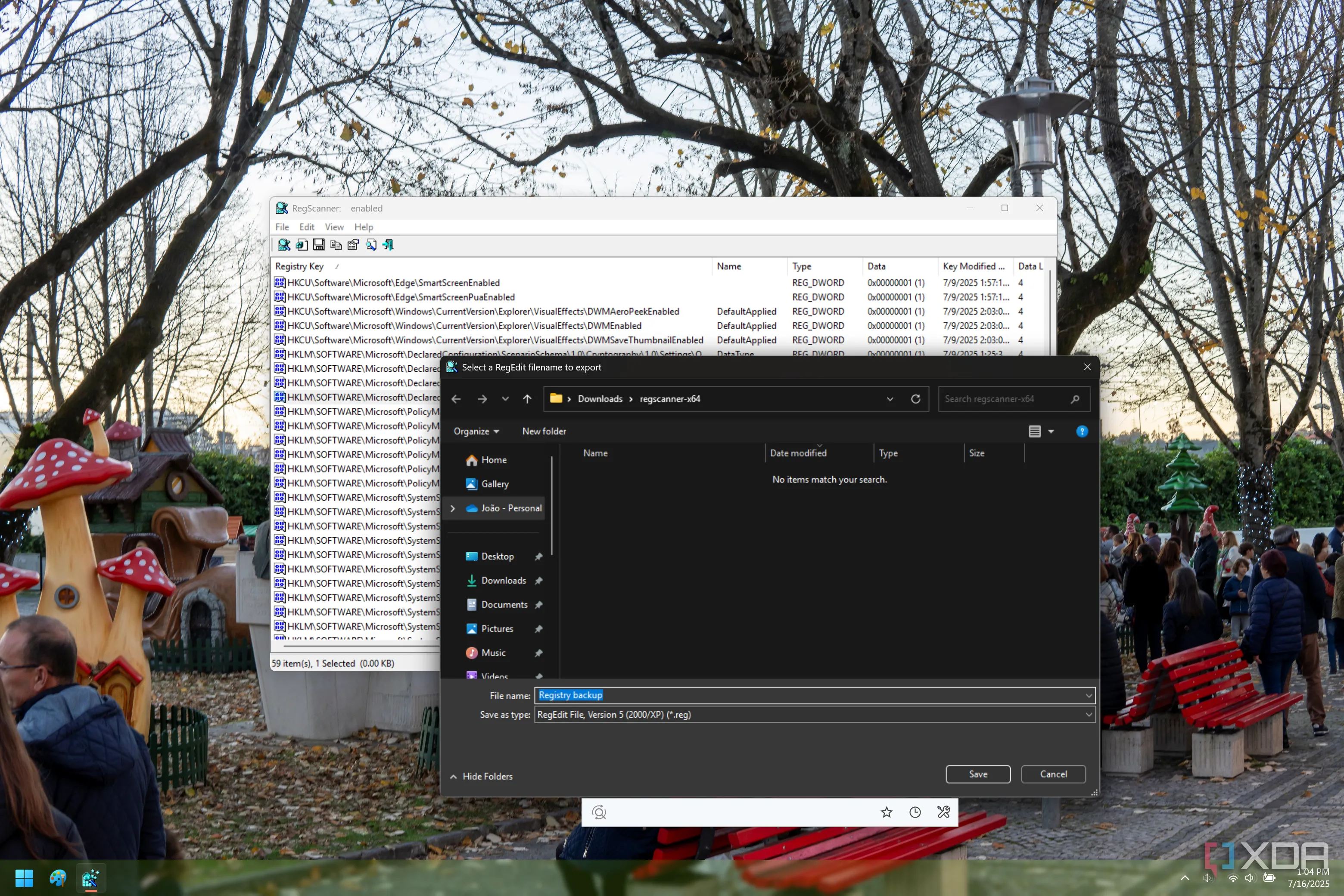 Ảnh chụp màn hình RegScanner đang xuất các mục Registry vào một tệp sao lưu, minh họa tính năng backup dễ dàng.