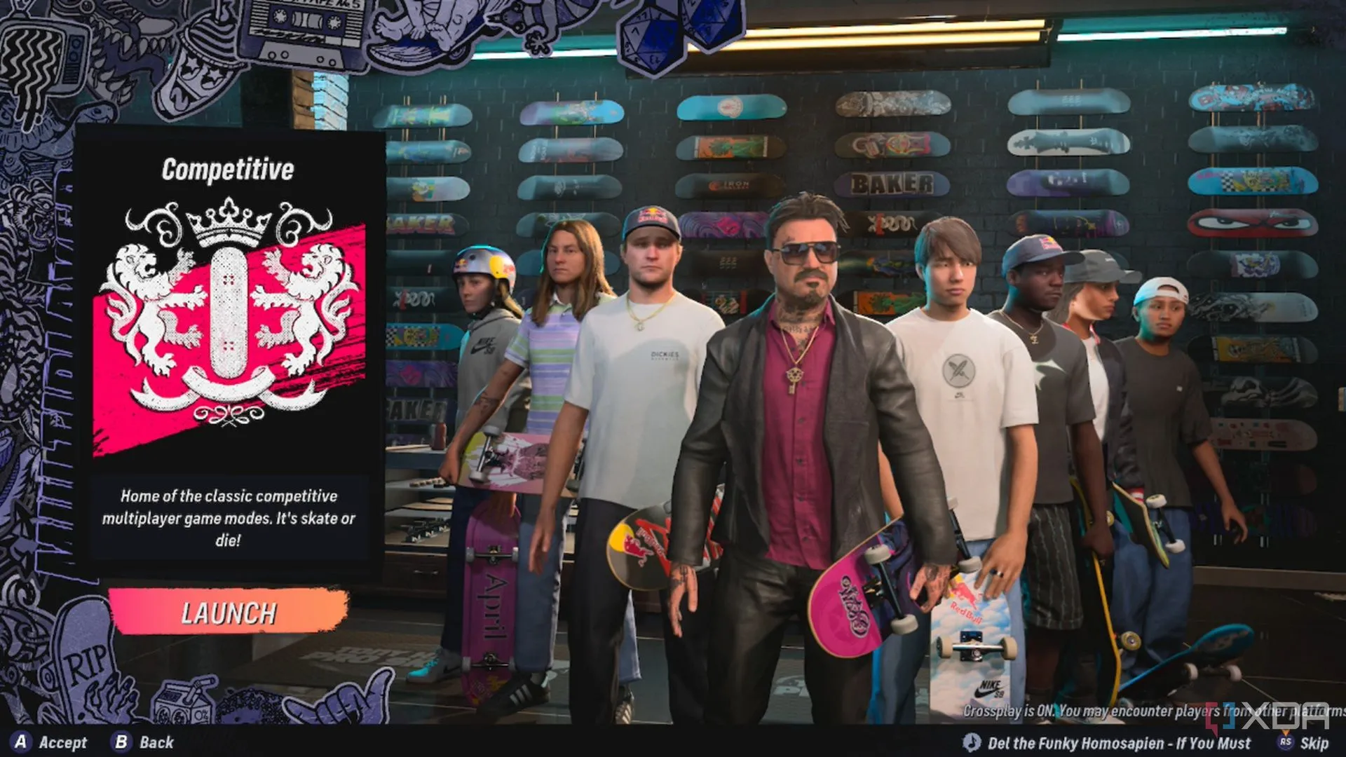 Ảnh chụp màn hình sảnh chờ chơi mạng trực tuyến (online multiplayer lobby) trong Tony Hawk, hiển thị các người chơi sẵn sàng tham gia trận đấu.