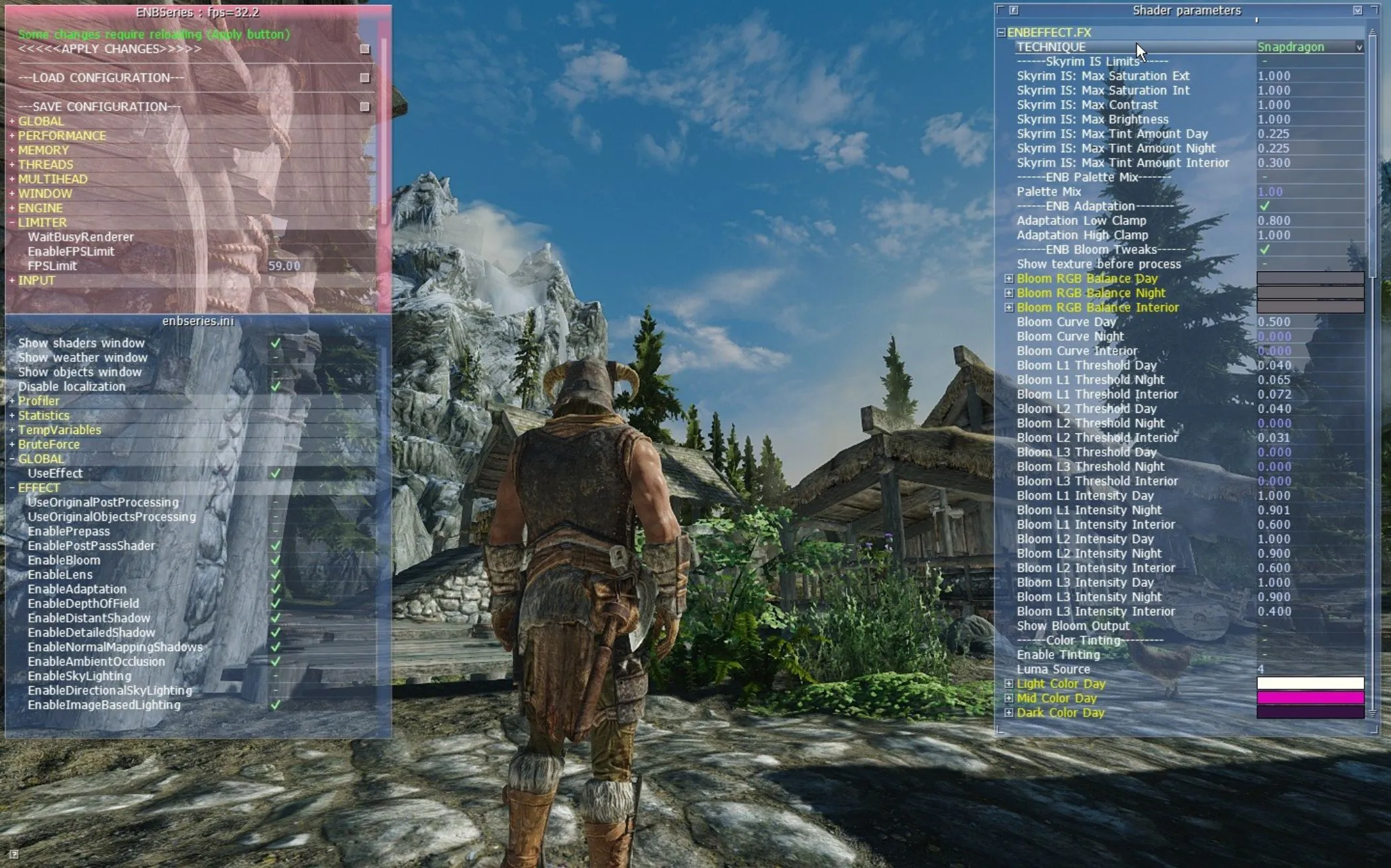 Ảnh chụp màn hình Skyrim với menu tùy chỉnh ENBSeries đang hiển thị, cải thiện chất lượng hình ảnh
