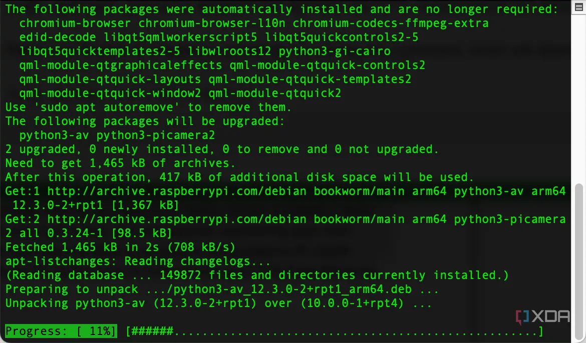 Ảnh chụp màn hình Terminal với lệnh &quot;sudo apt upgrade -y&quot; đang thực thi để nâng cấp các gói đã cài đặt trên Raspberry Pi, chuẩn bị cho việc tự host Joplin.