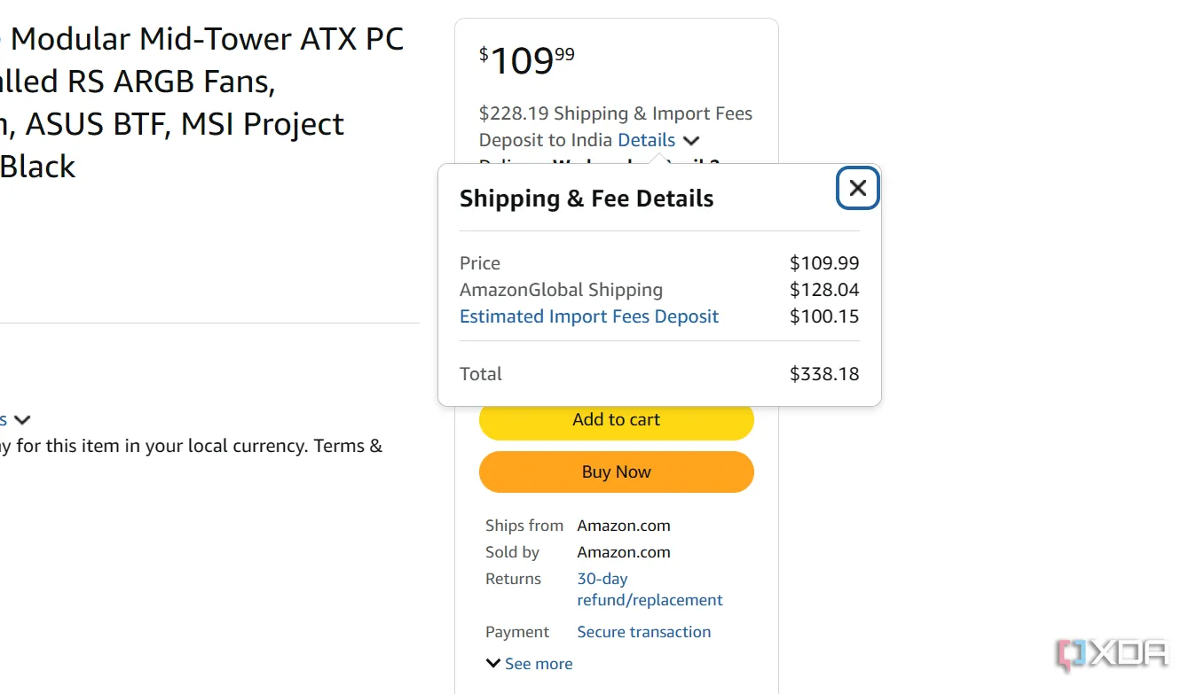 Ảnh chụp màn hình thể hiện chi phí vận chuyển cao khi đặt mua vỏ case PC trên Amazon, minh chứng cho phí nhập khẩu và vận chuyển.