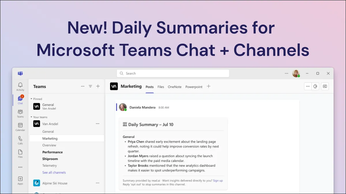 Ảnh chụp màn hình tính năng tóm tắt hàng ngày của Read AI trong Microsoft Teams, hiển thị các điểm chính từ cuộc trò chuyện và kênh