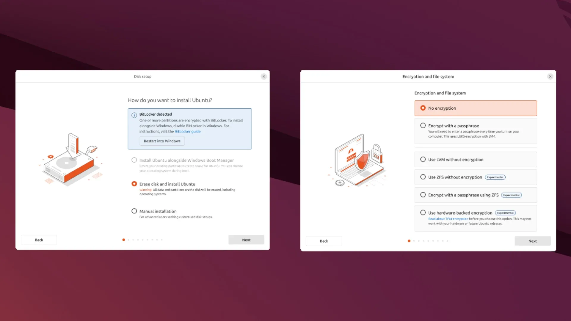 Ảnh chụp màn hình trình cài đặt Ubuntu 25.04, thể hiện các cải tiến cho phép phân vùng dễ dàng và cảnh báo BitLocker
