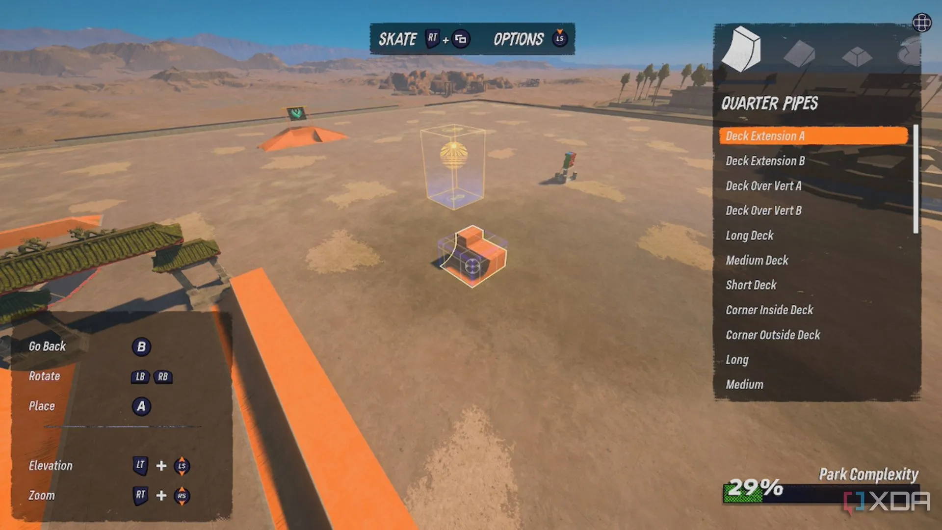 Ảnh chụp màn hình trình chỉnh sửa công viên tùy chỉnh (Custom Park Editor) trong Tony Hawk, hiển thị giao diện và các công cụ để người chơi xây dựng màn chơi của riêng mình.