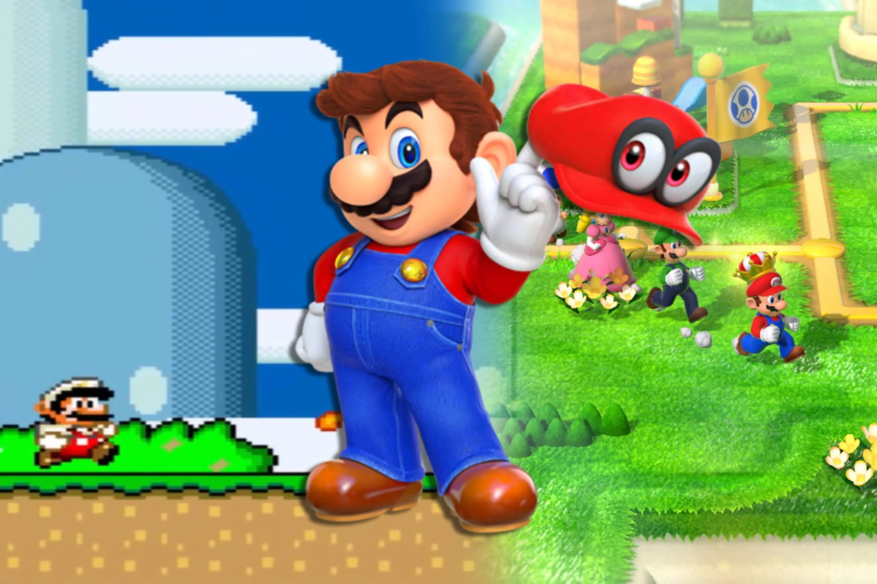 Ảnh chụp màn hình từ các tựa game Super Mario World, Super Mario 3D và Mario trong Super Mario Odyssey, thể hiện sự phát triển của series game huyền thoại