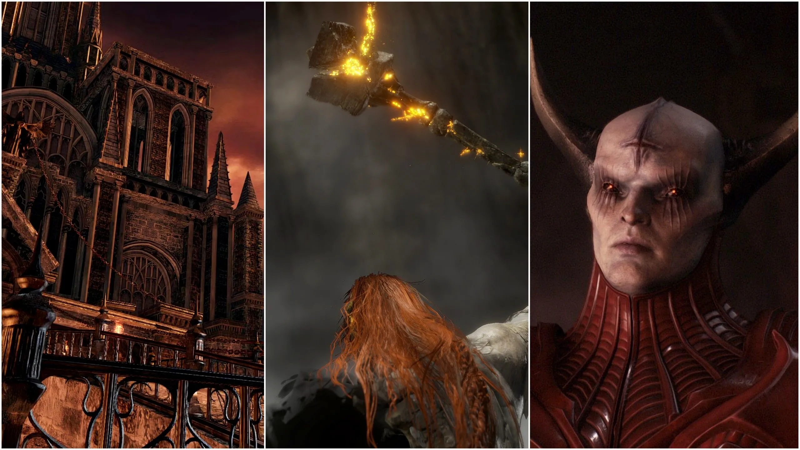 Ảnh chụp màn hình từ Dark Souls 2, Elden Ring và Doom: The Dark Ages, thể hiện các thể loại game hành động và nhập vai