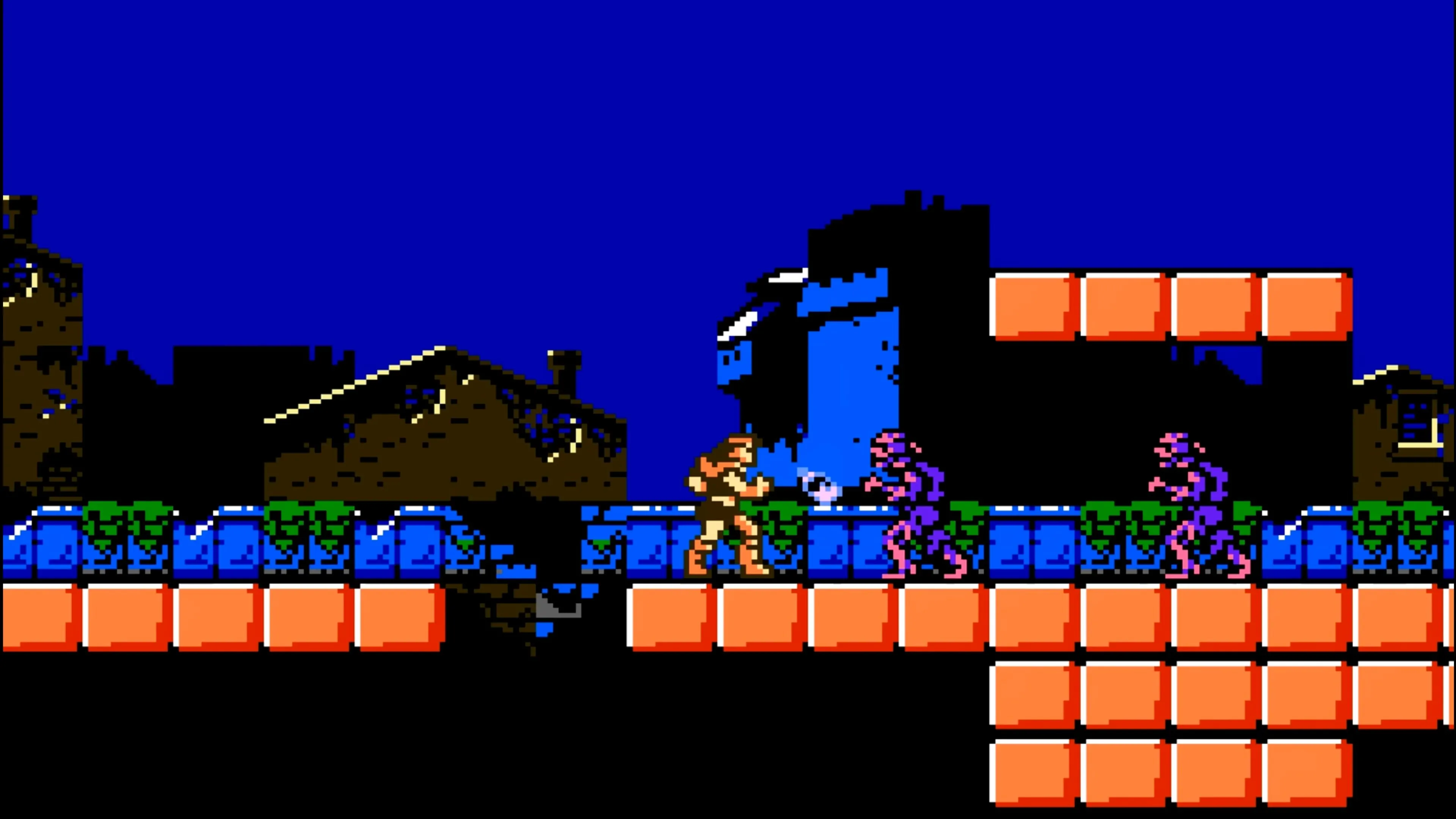Ảnh chụp màn hình từ game Castlevania III: Dracula's Curse với nhân vật Trevor Belmont chiến đấu trong lâu đài Dracula