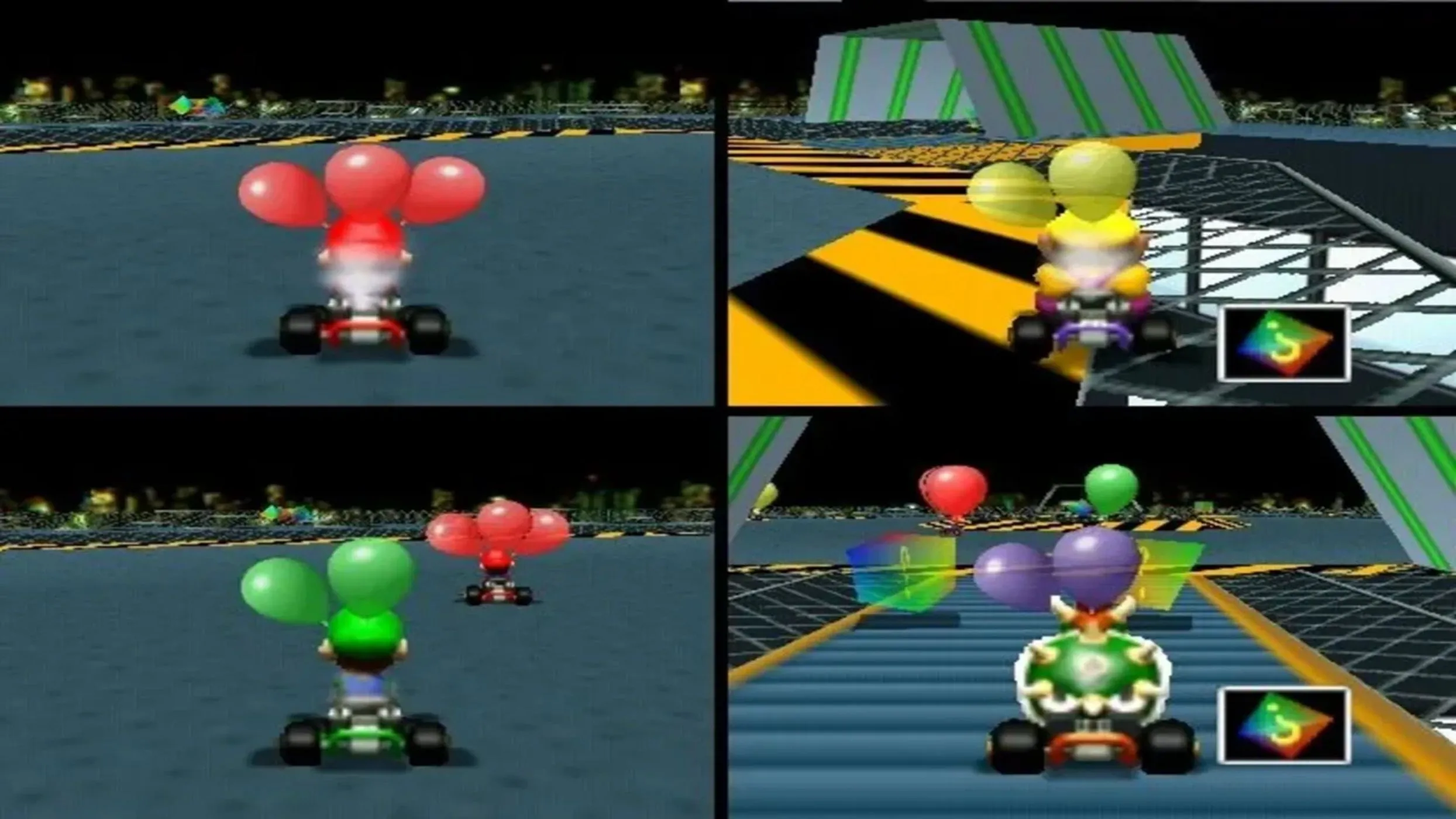 Ảnh chụp màn hình từ gameplay của Mario Kart 64, hiển thị các nhân vật đang đua trên một đường đua rực rỡ