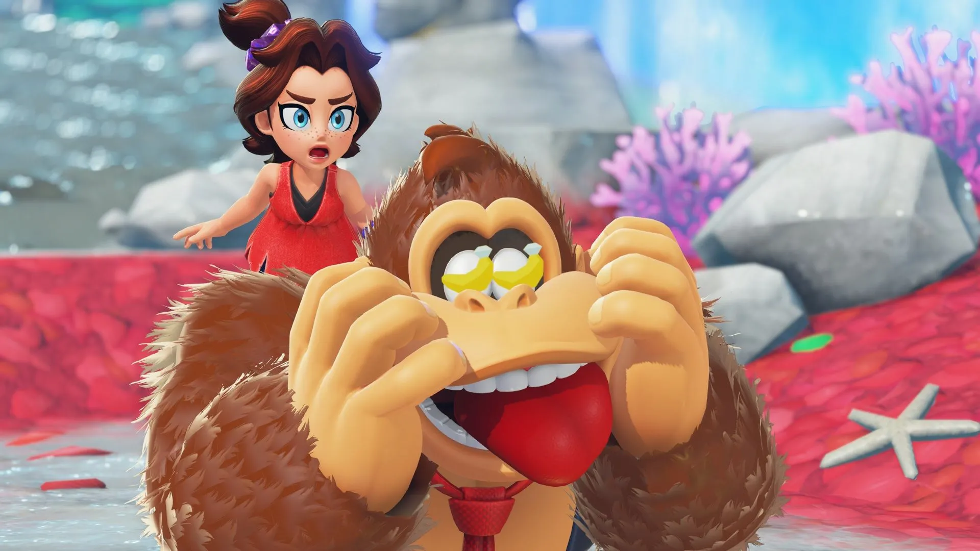 Ảnh chụp màn hình từ trò chơi Donkey Kong Bananza, minh họa gameplay sôi động và đồ họa bắt mắt trên Nintendo Switch 2.