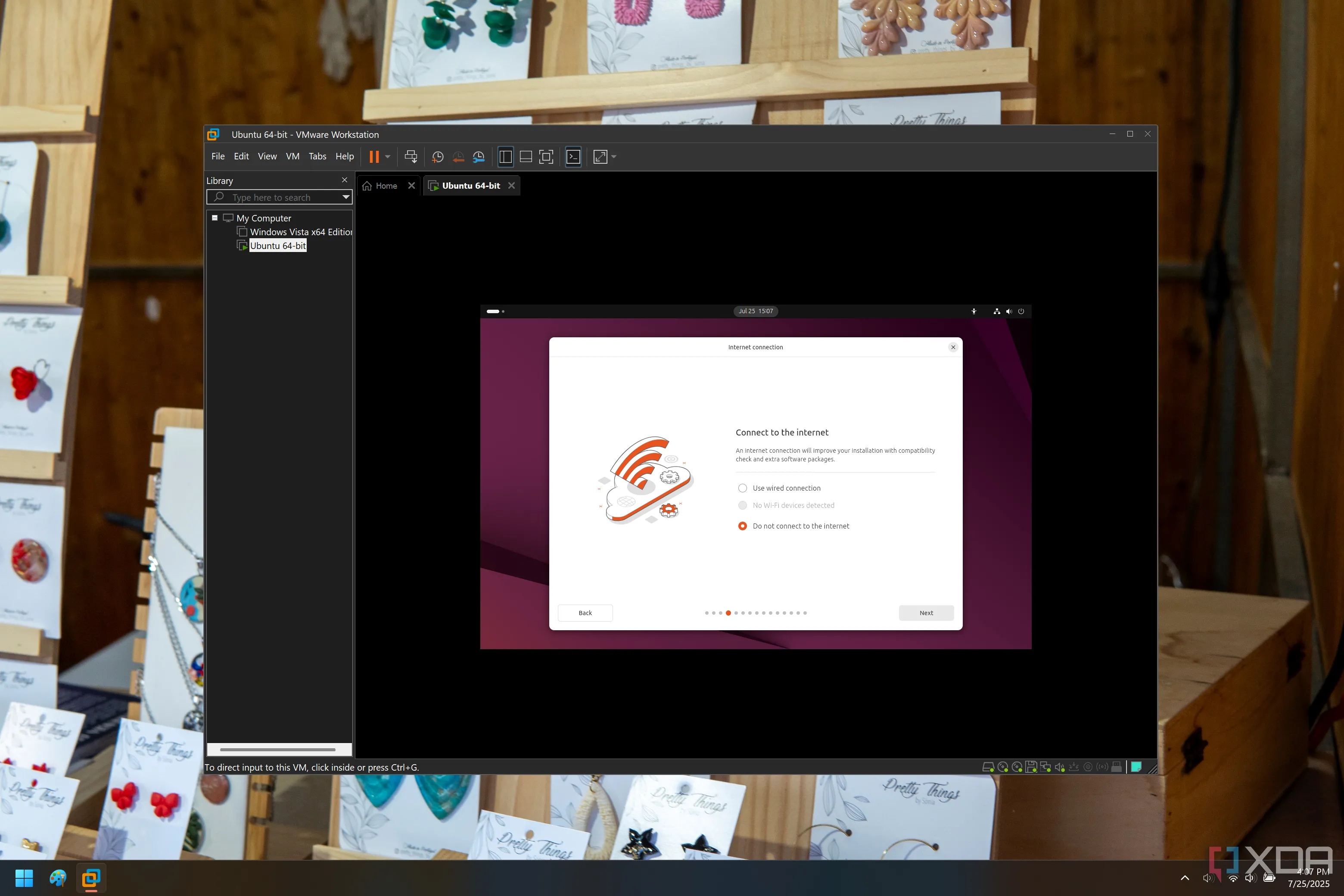 Ảnh chụp màn hình Ubuntu đang chạy trong VM hiển thị các tùy chọn internet trong quá trình cài đặt