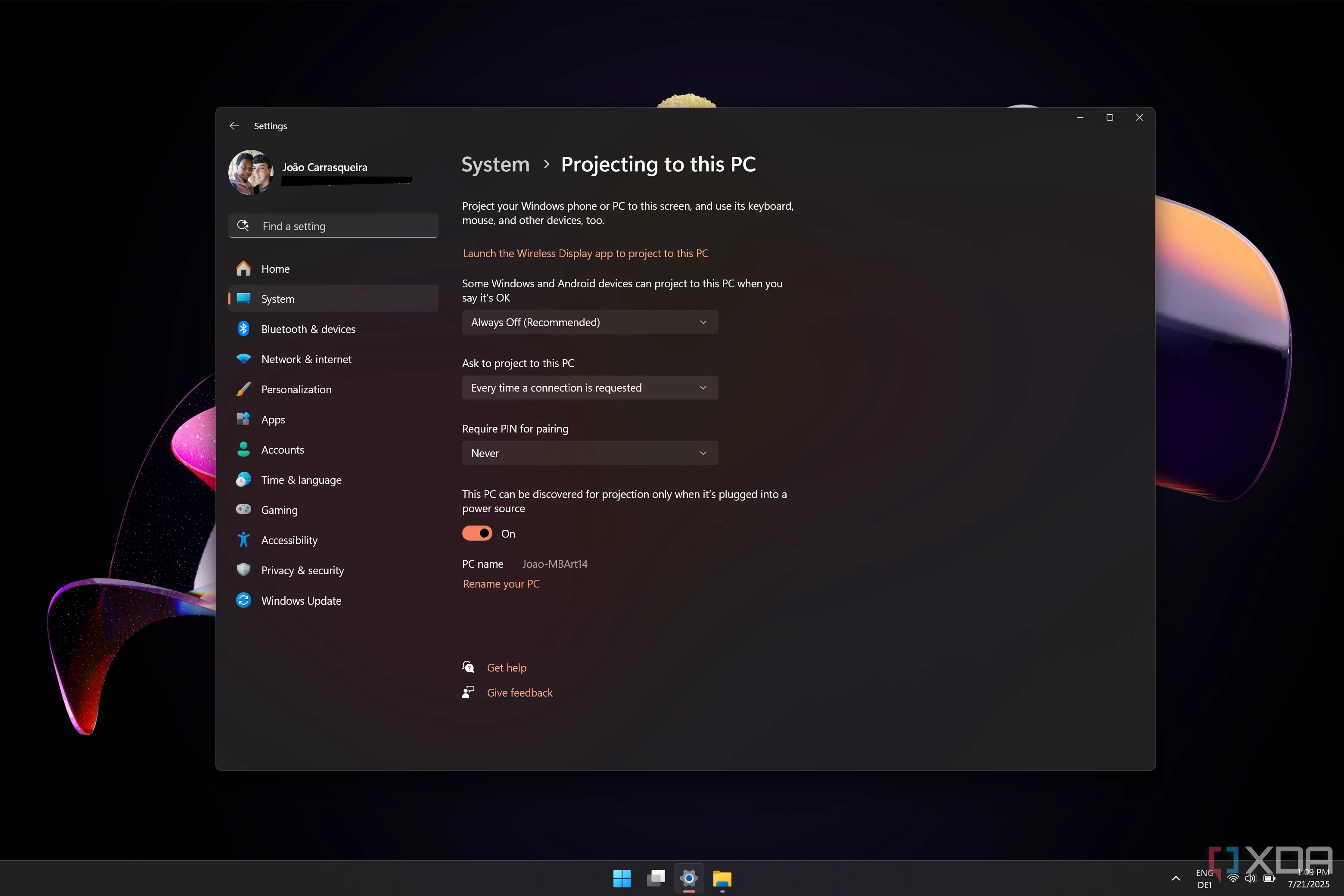Ảnh chụp màn hình ứng dụng cài đặt Windows 11 hiển thị các tùy chọn chiếu tới PC
