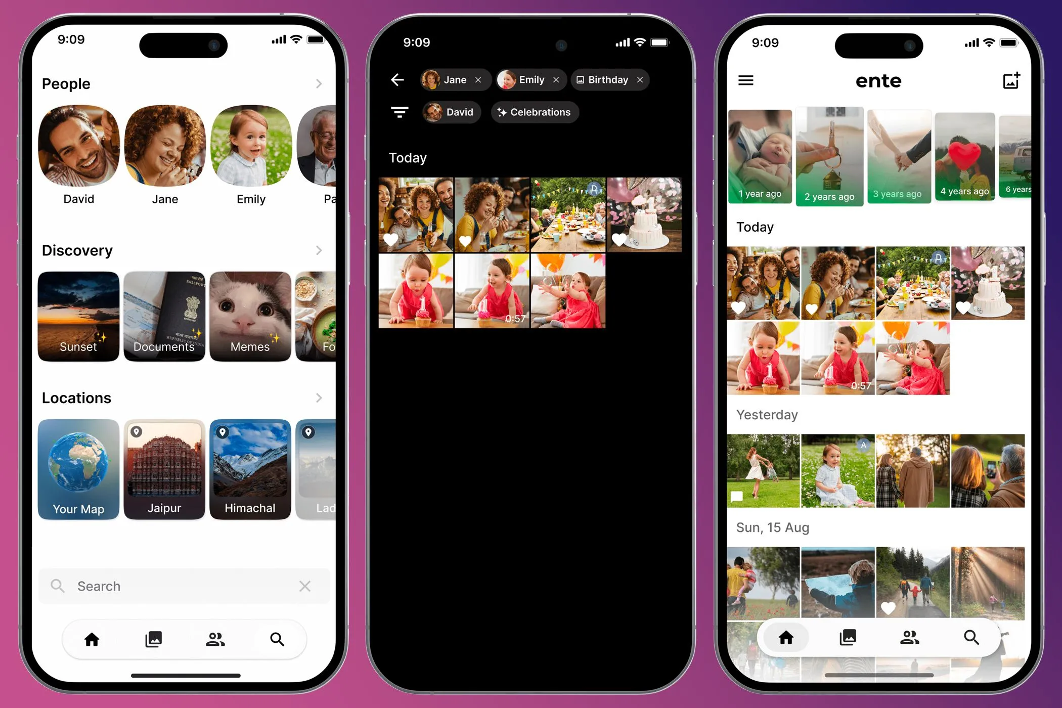 Ảnh chụp màn hình ứng dụng Ente Photos trên điện thoại, giao diện trực quan