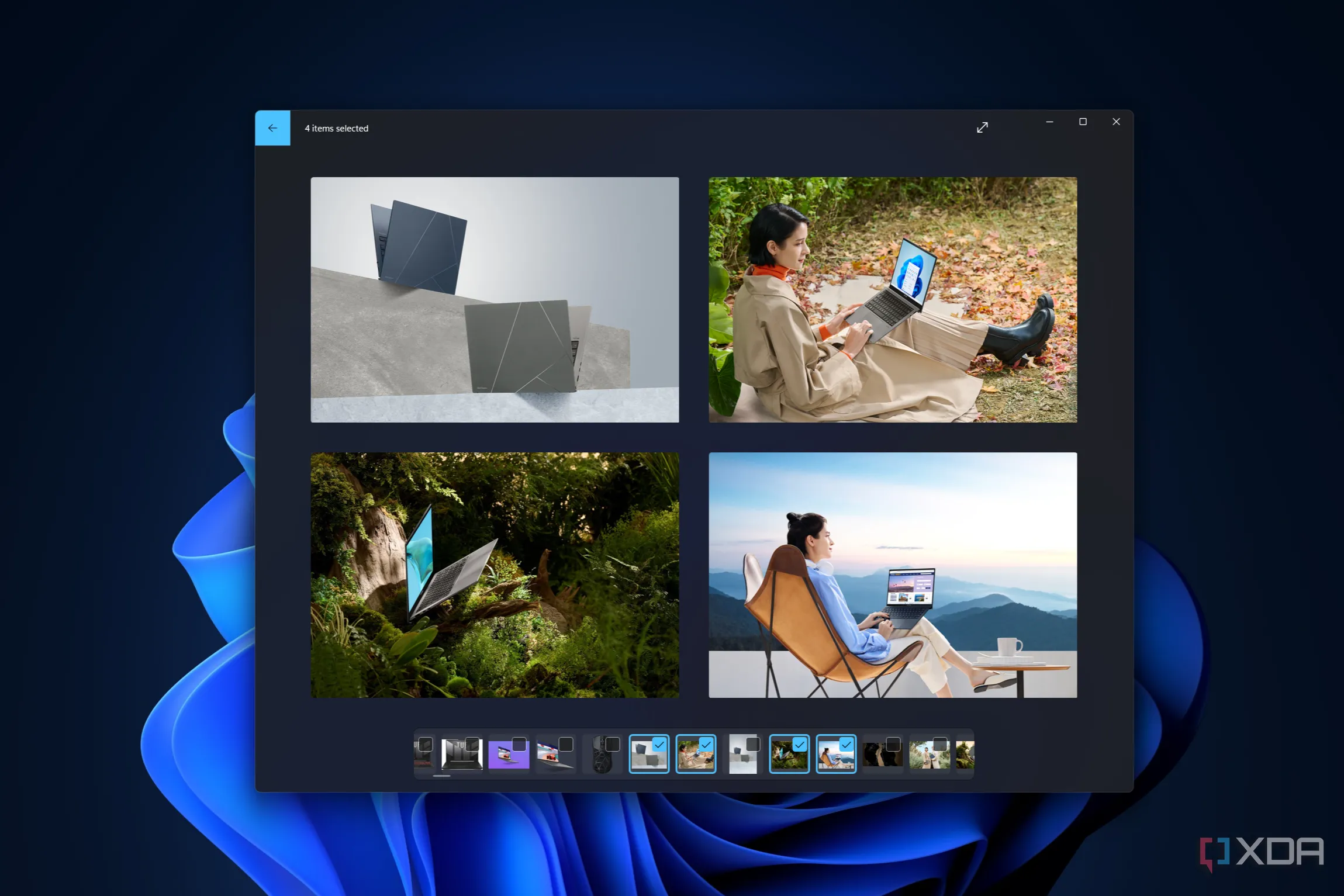 Ảnh chụp màn hình ứng dụng Photos của Windows 11 hiển thị bốn hình ảnh trên nền desktop, minh họa chức năng xem ảnh