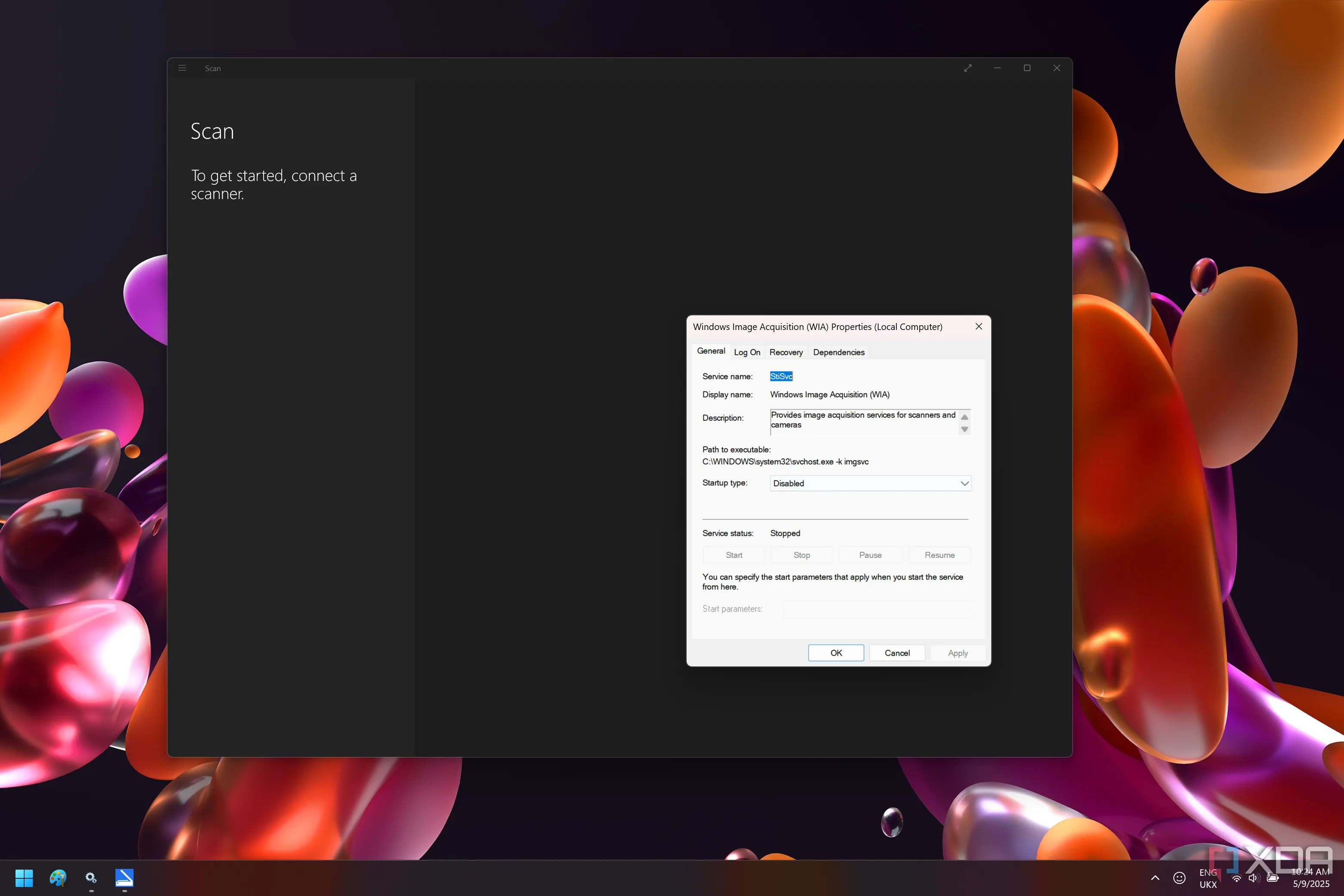 Ảnh chụp màn hình Windows 11 hiển thị dịch vụ Windows Image Acquisition (WIA) đã được vô hiệu hóa và ứng dụng Windows Scan.