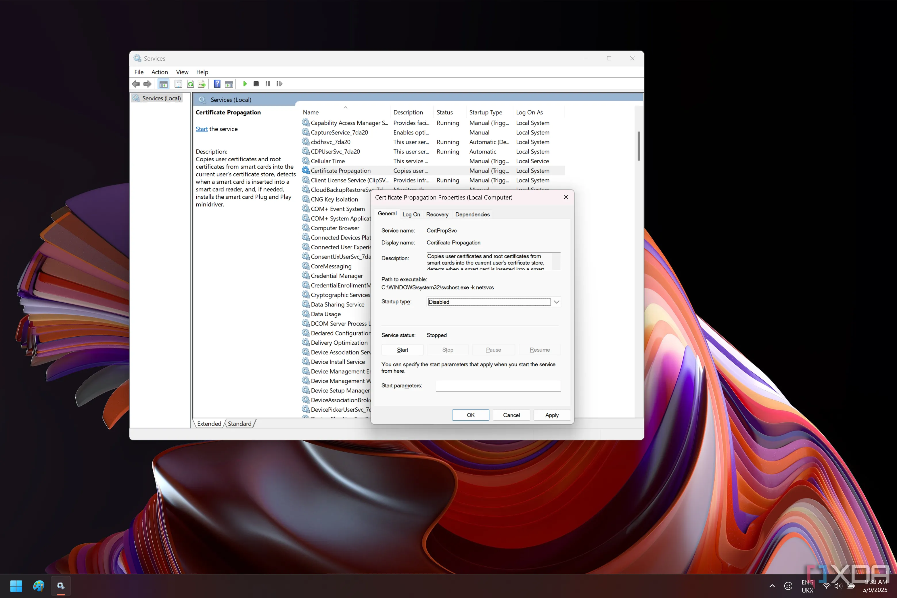 Ảnh chụp màn hình Windows 11 hiển thị trạng thái Disabled của dịch vụ Certificate Propagation.