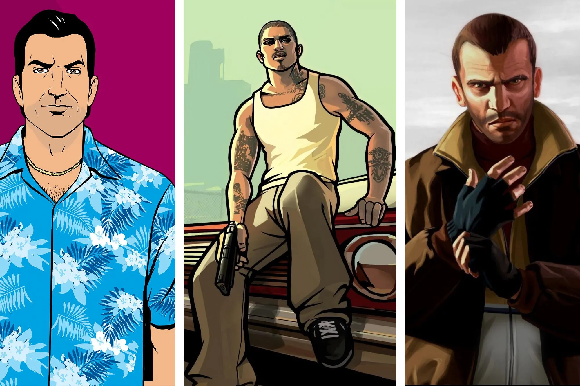 Ảnh ghép minh họa các nhân vật biểu tượng từ loạt game Grand Theft Auto như Tommy Vercetti, Cesar Vialpando và Niko Bellic.