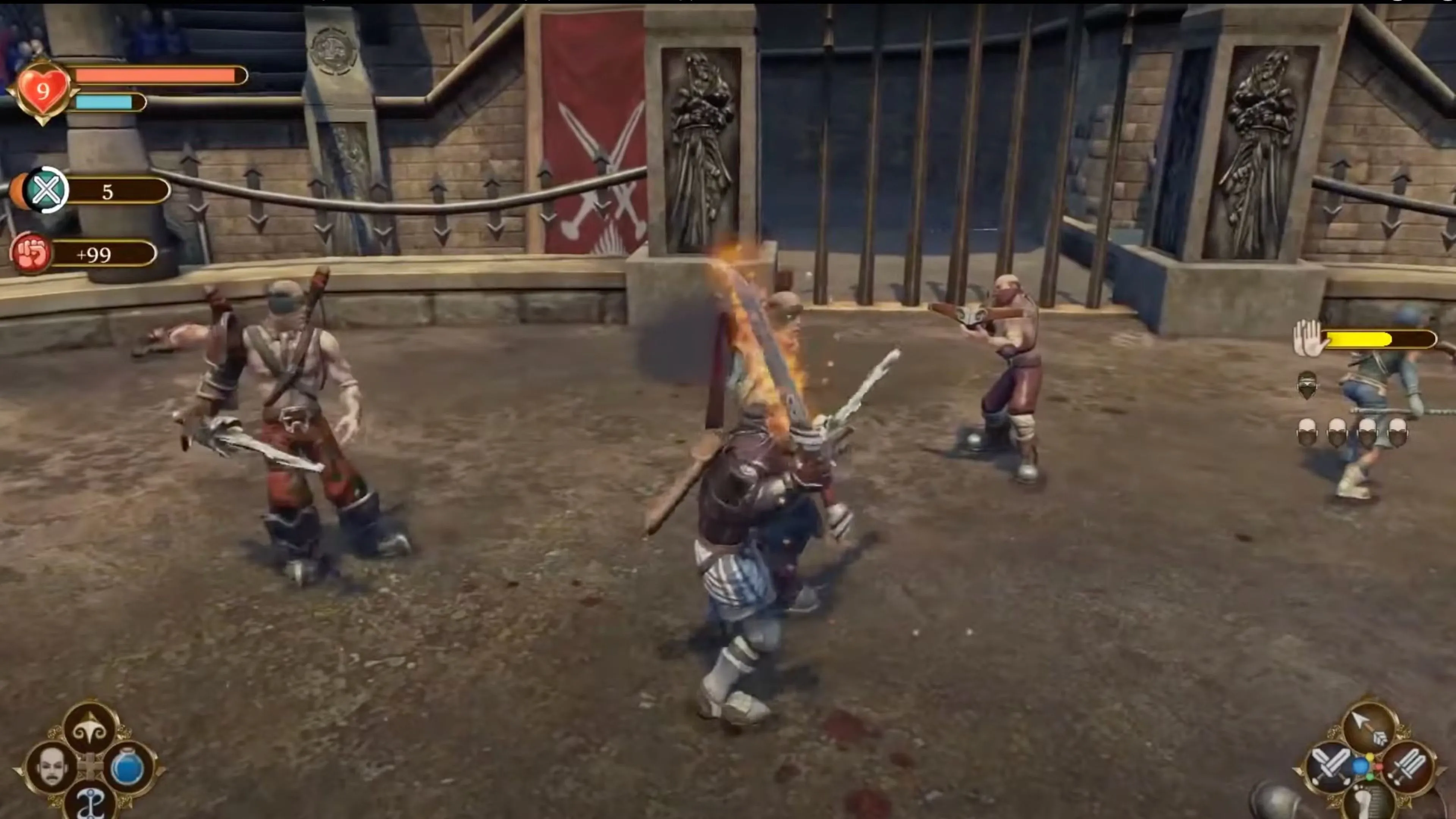 Anh hùng trong game Fable chiến đấu với nhiều kẻ thù trong đấu trường, thể hiện hệ thống chiến đấu thời gian thực