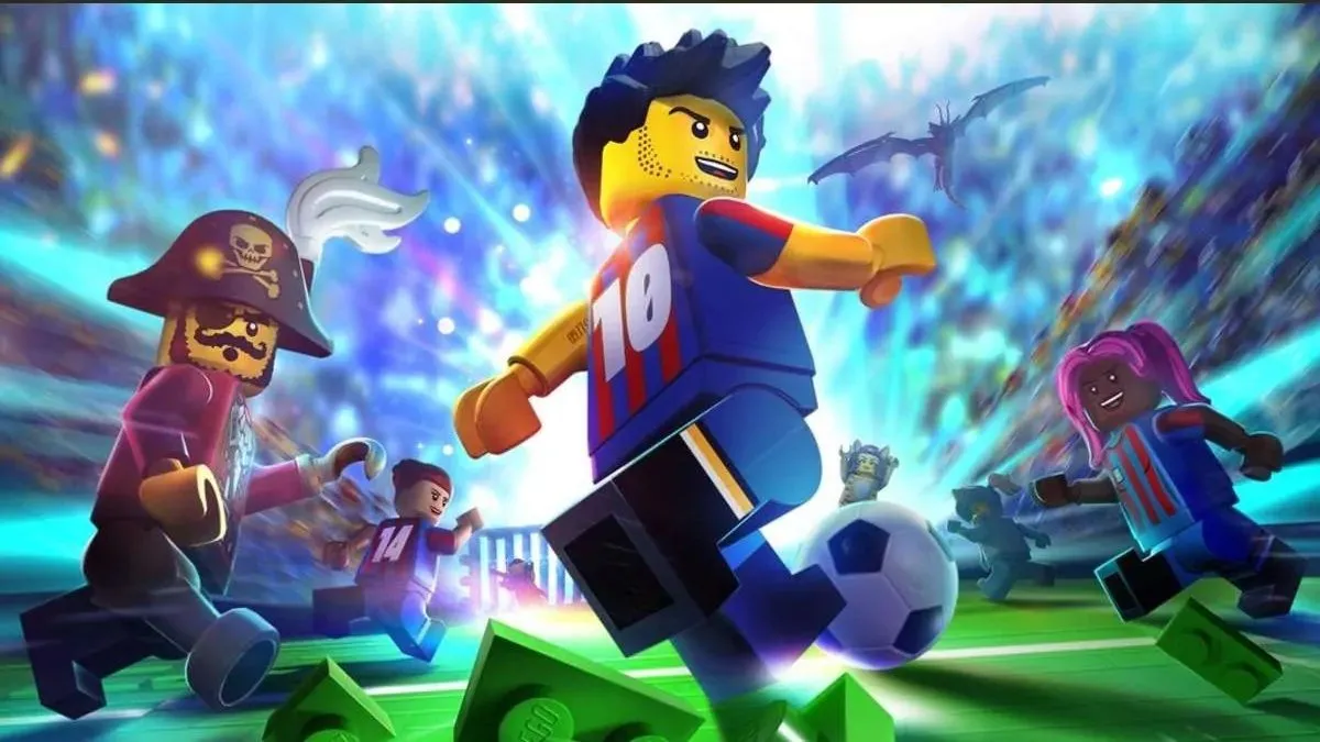 Ảnh quảng bá game bóng đá LEGO 2K Goooal chưa công bố, với các nhân vật LEGO và sân bóng hình khối.