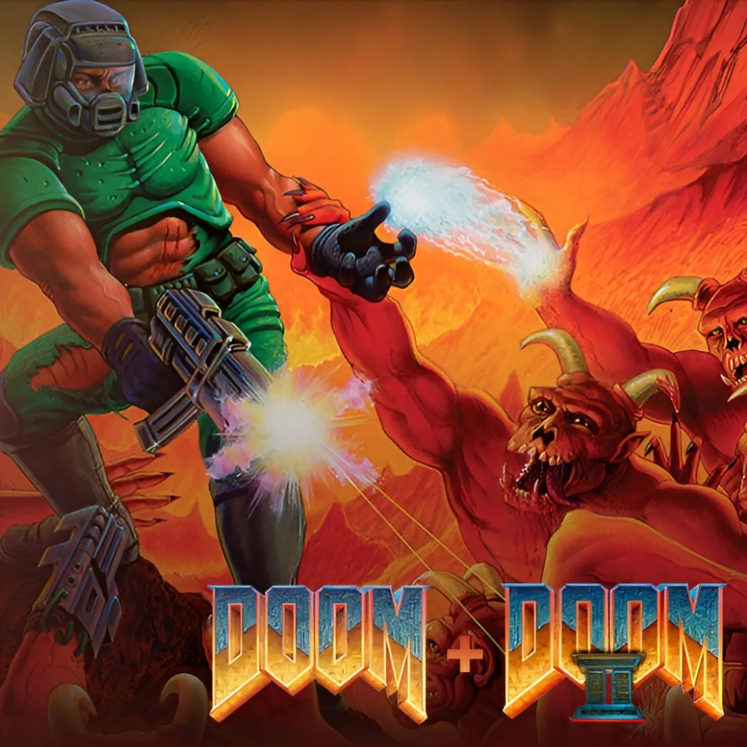 Ảnh sản phẩm bộ đôi game Doom + Doom II remaster, với biểu tượng game và các nền tảng phát hành
