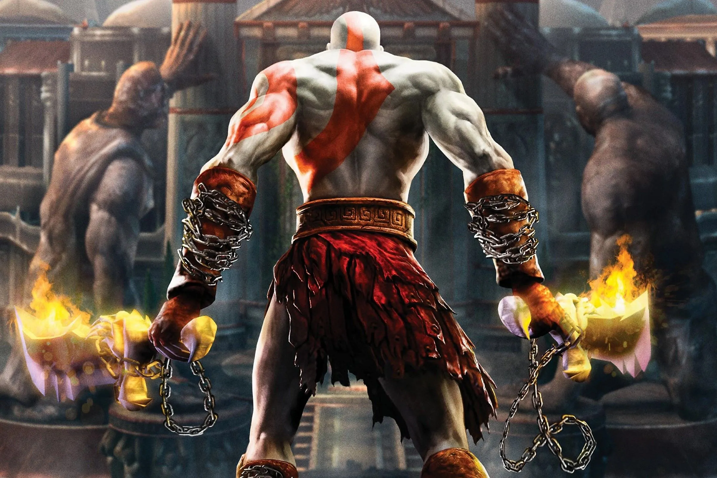 Artwork chính của God of War II, miêu tả Kratos trong hành trình báo thù.