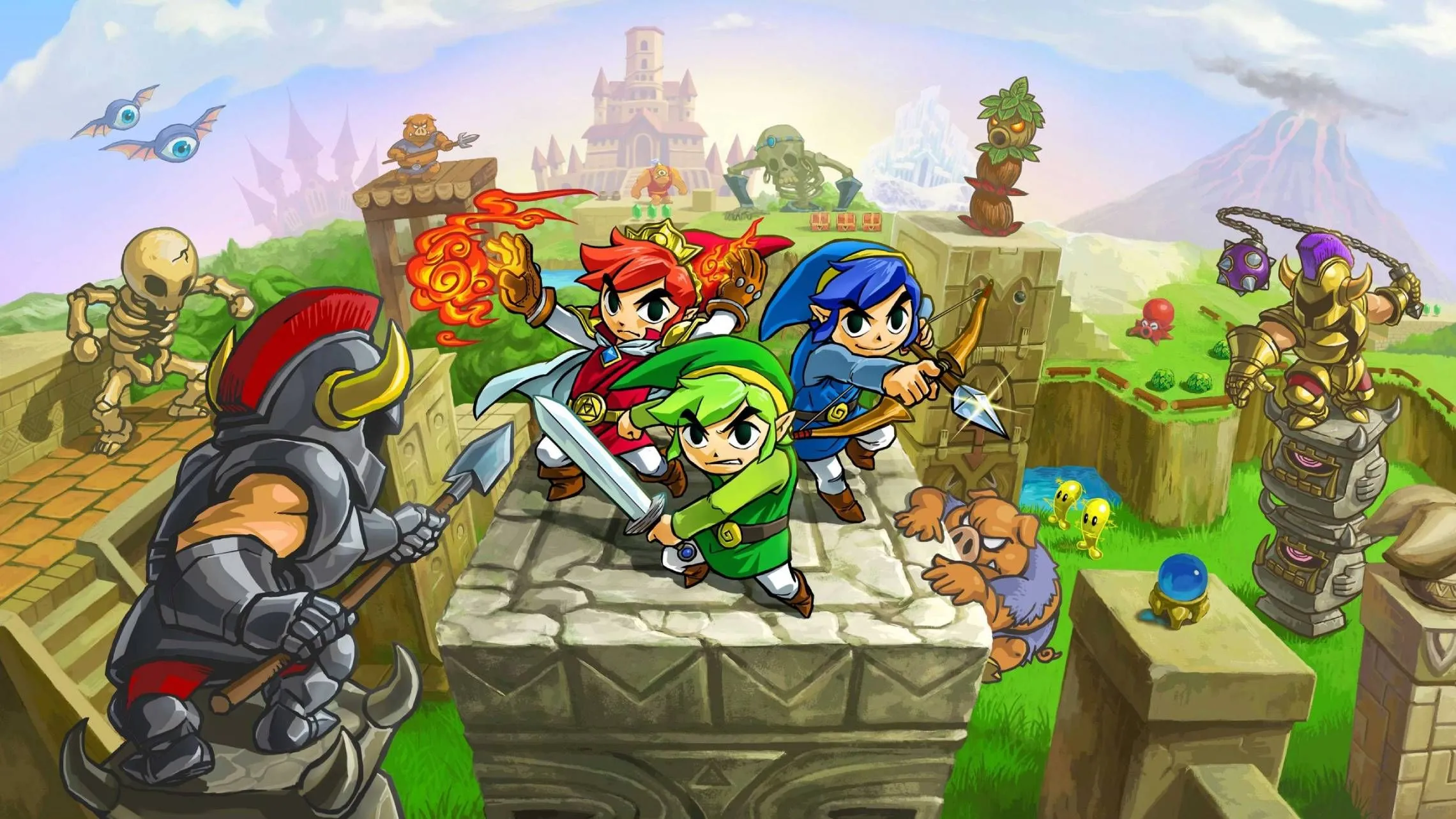 Artwork chính thức của ba Link chiến đấu cùng nhau trong The Legend of Zelda: Tri Force Heroes