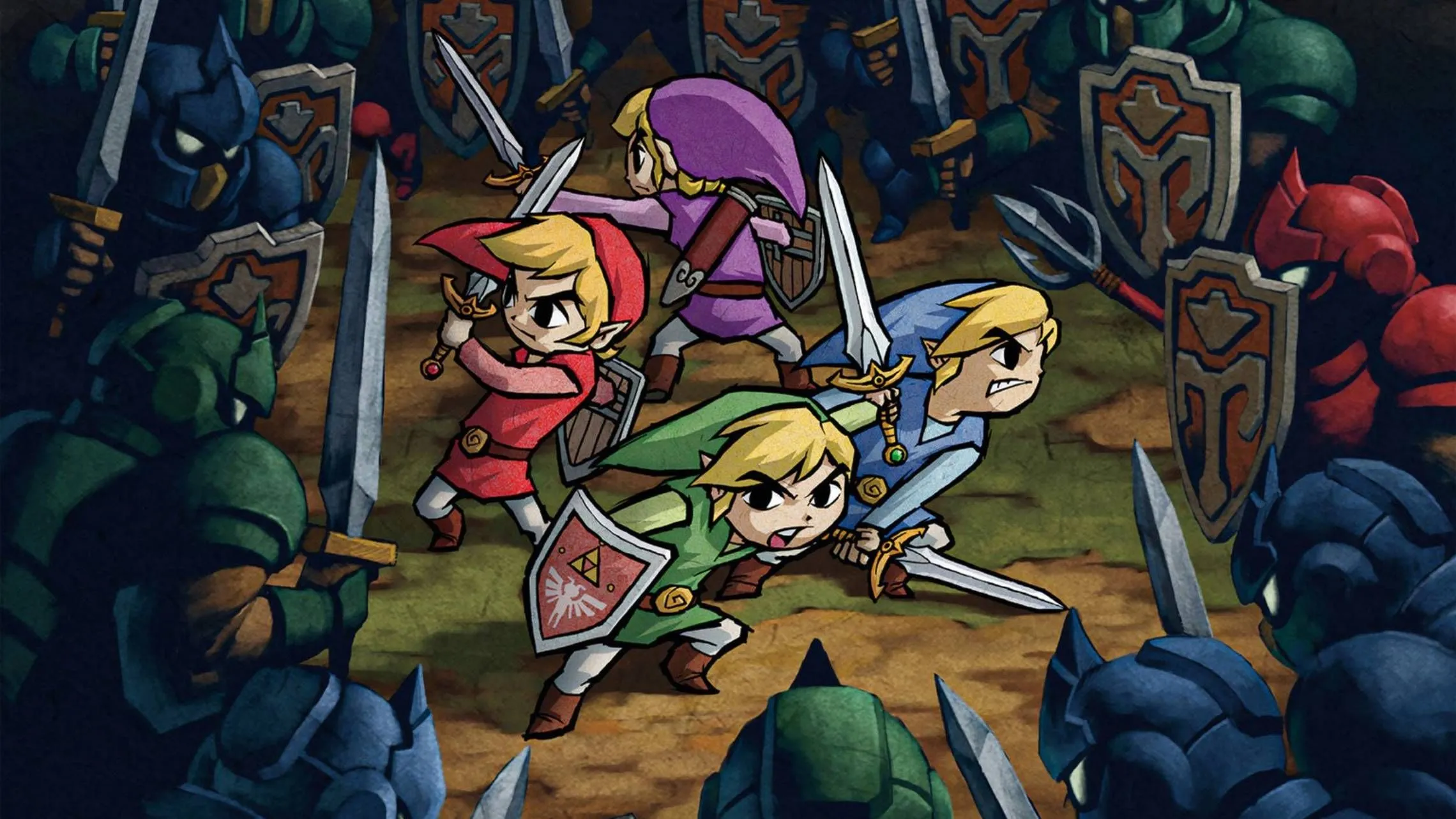 Artwork chính thức từ The Legend of Zelda: Four Swords Adventure với các Link chiến đấu với rất nhiều kẻ thù