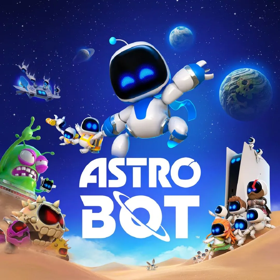 Astro Bot đang thực hiện một pha nhảy trong môi trường đầy màu sắc, thể hiện lối chơi platformer vui nhộn