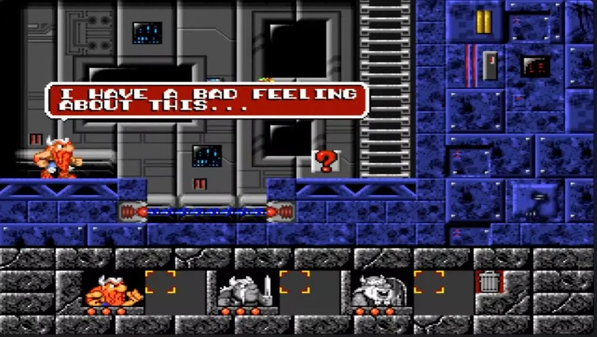 Ba nhân vật Viking hợp tác giải đố trong màn chơi đầu tiên của The Lost Vikings, một game platformer trên MS-DOS