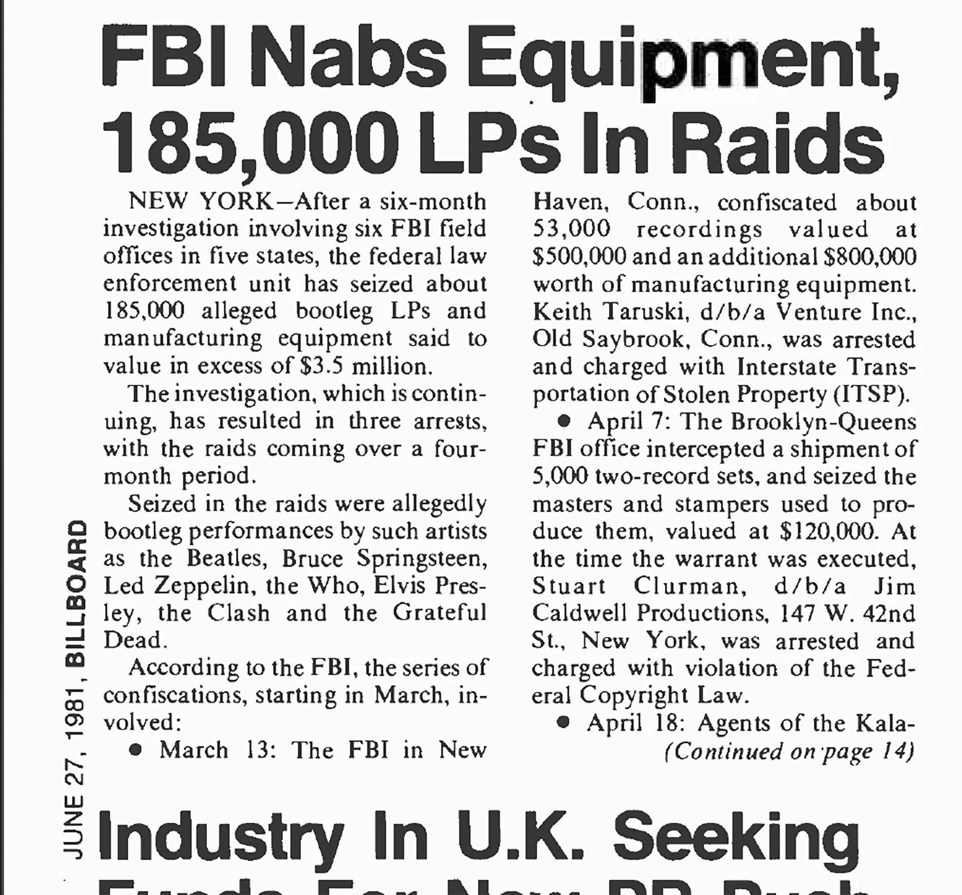 Bài báo trên Billboard Magazine năm 1981 đề cập đến vụ đột kích của FBI vào Keith Taruski