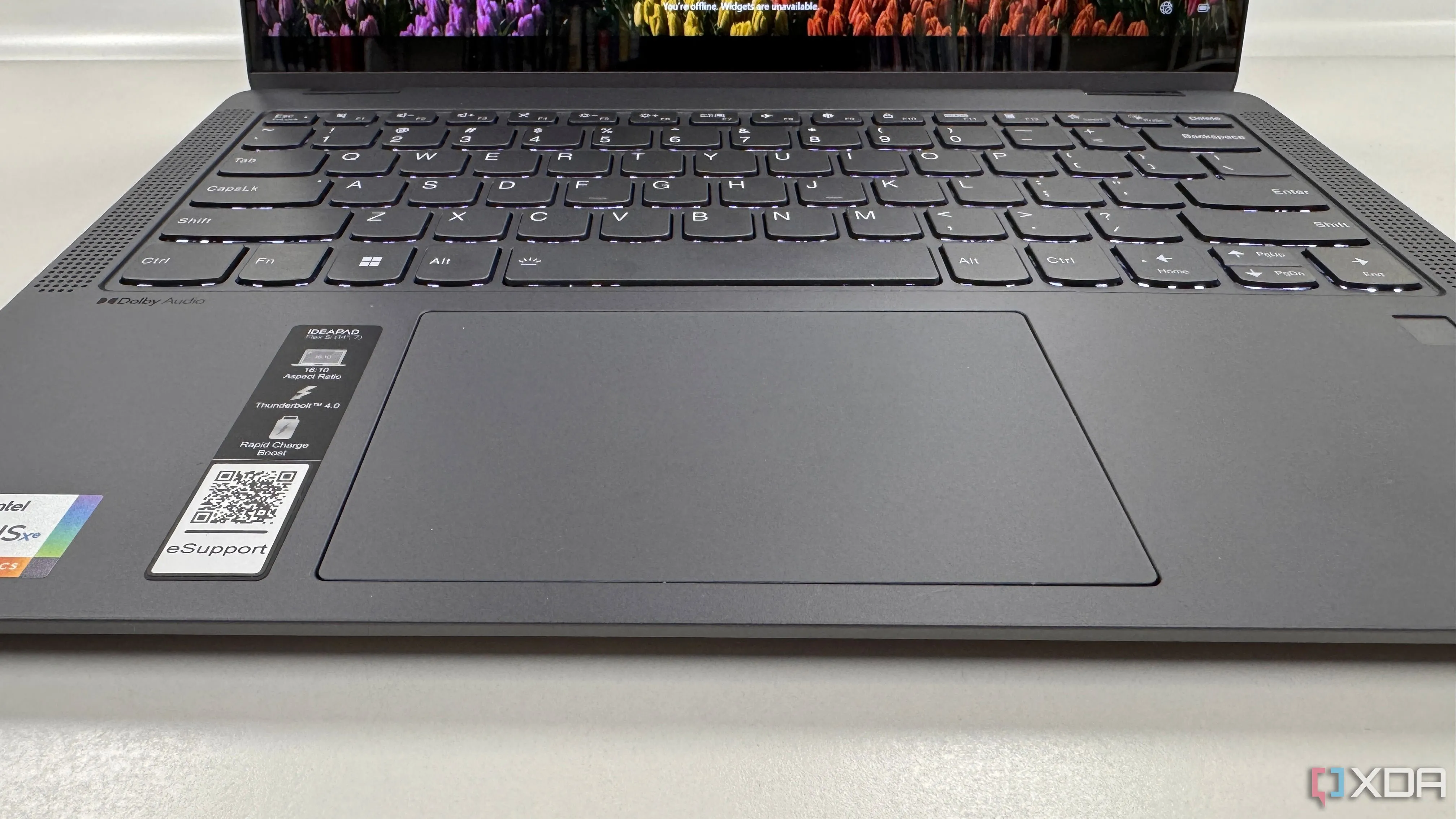 Bàn di chuột và bàn phím của laptop Lenovo IdeaPad Flex 5i, thể hiện các vùng thao tác cảm ứng và phím bấm